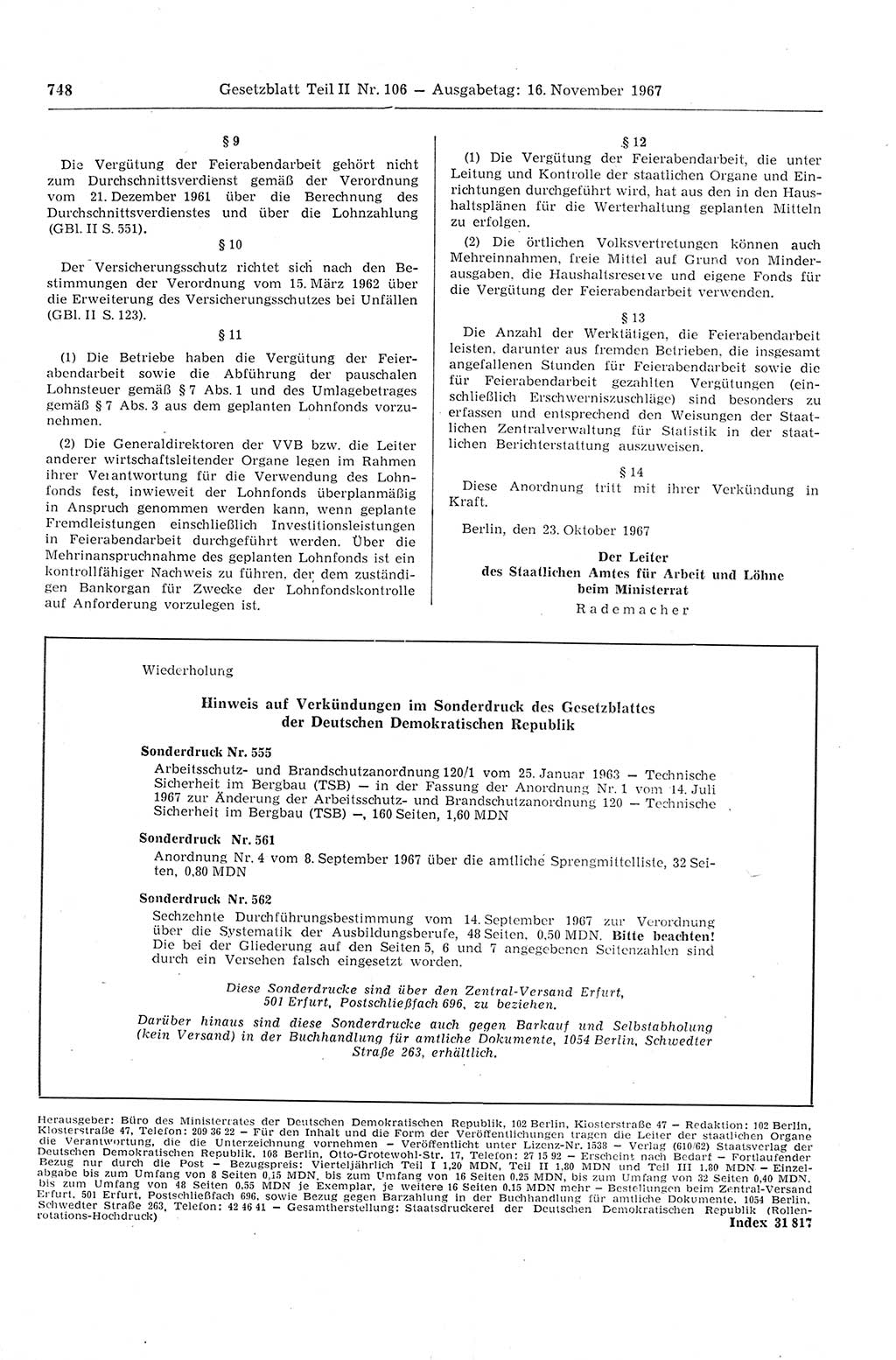 Gesetzblatt (GBl.) der Deutschen Demokratischen Republik (DDR) Teil ⅠⅠ 1967, Seite 748 (GBl. DDR ⅠⅠ 1967, S. 748)