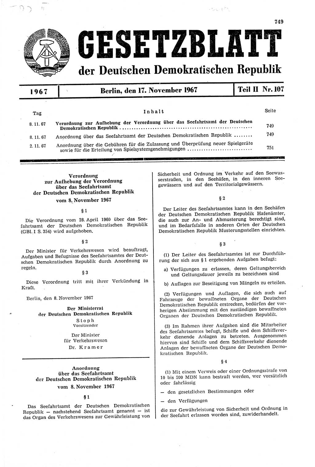 Gesetzblatt (GBl.) der Deutschen Demokratischen Republik (DDR) Teil ⅠⅠ 1967, Seite 749 (GBl. DDR ⅠⅠ 1967, S. 749)