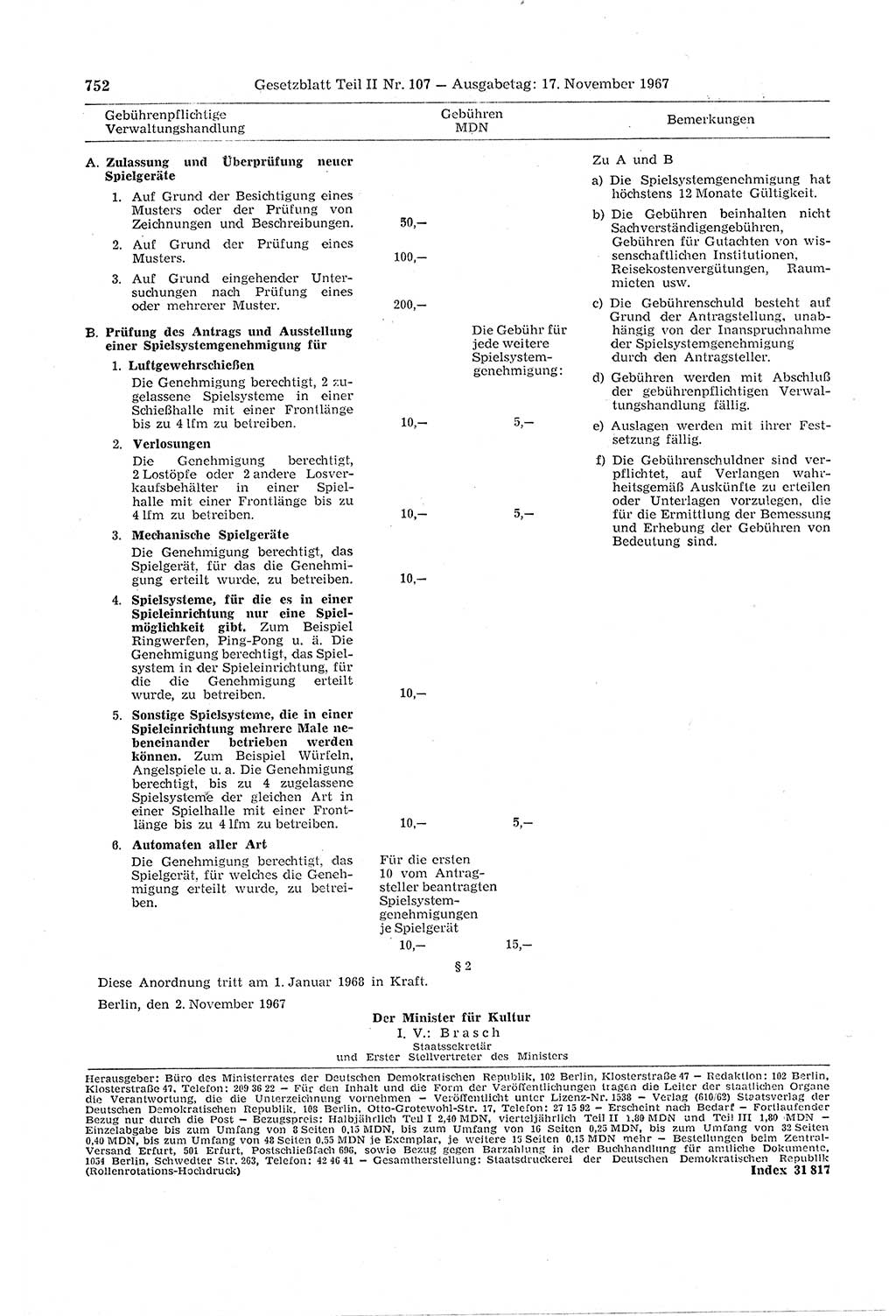 Gesetzblatt (GBl.) der Deutschen Demokratischen Republik (DDR) Teil ⅠⅠ 1967, Seite 752 (GBl. DDR ⅠⅠ 1967, S. 752)