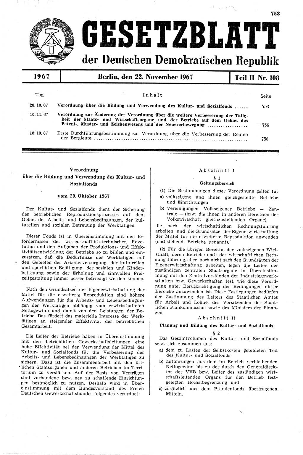 Gesetzblatt (GBl.) der Deutschen Demokratischen Republik (DDR) Teil ⅠⅠ 1967, Seite 753 (GBl. DDR ⅠⅠ 1967, S. 753)