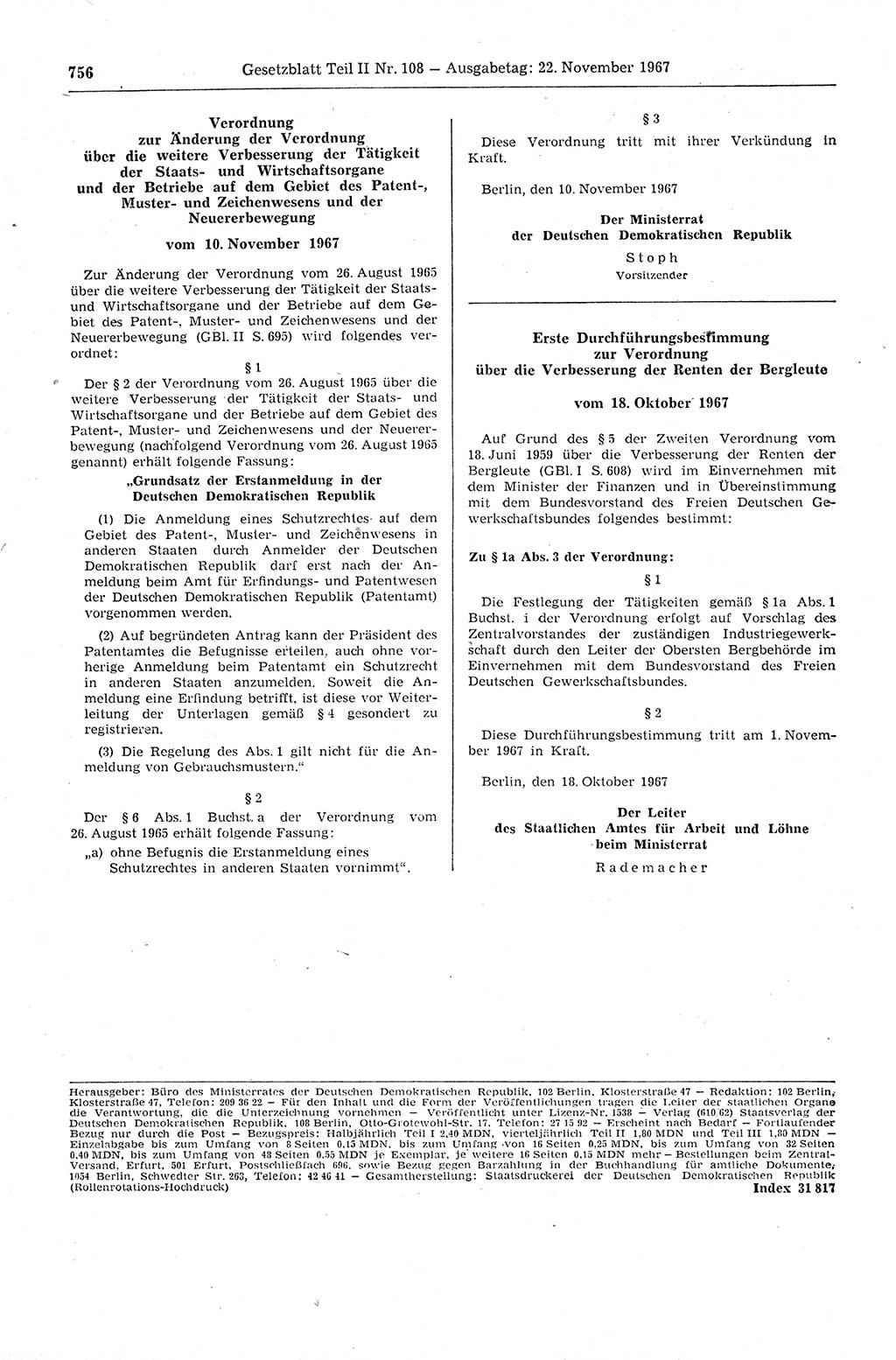 Gesetzblatt (GBl.) der Deutschen Demokratischen Republik (DDR) Teil ⅠⅠ 1967, Seite 756 (GBl. DDR ⅠⅠ 1967, S. 756)