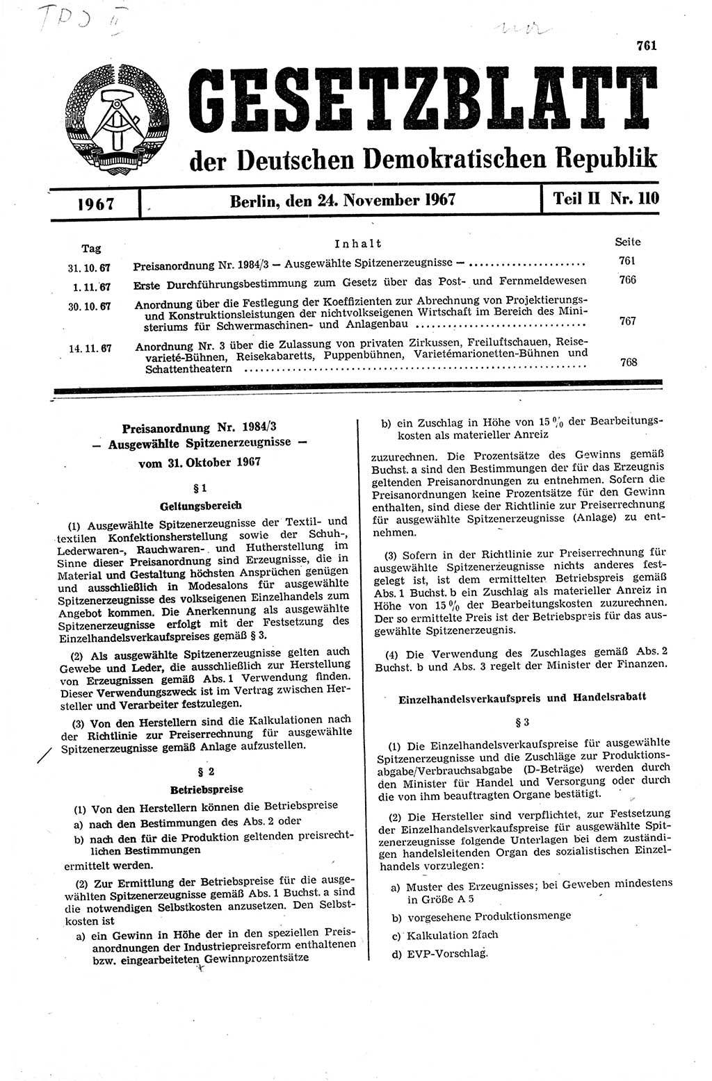 Gesetzblatt (GBl.) der Deutschen Demokratischen Republik (DDR) Teil ⅠⅠ 1967, Seite 761 (GBl. DDR ⅠⅠ 1967, S. 761)