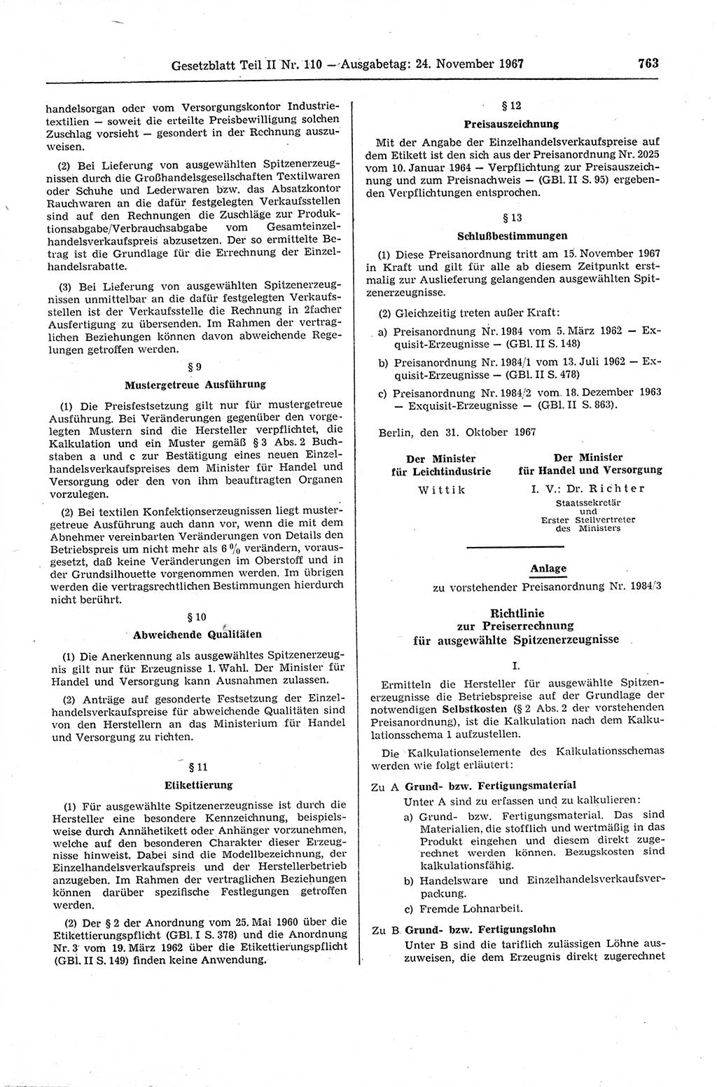 Gesetzblatt (GBl.) der Deutschen Demokratischen Republik (DDR) Teil ⅠⅠ 1967, Seite 763 (GBl. DDR ⅠⅠ 1967, S. 763)