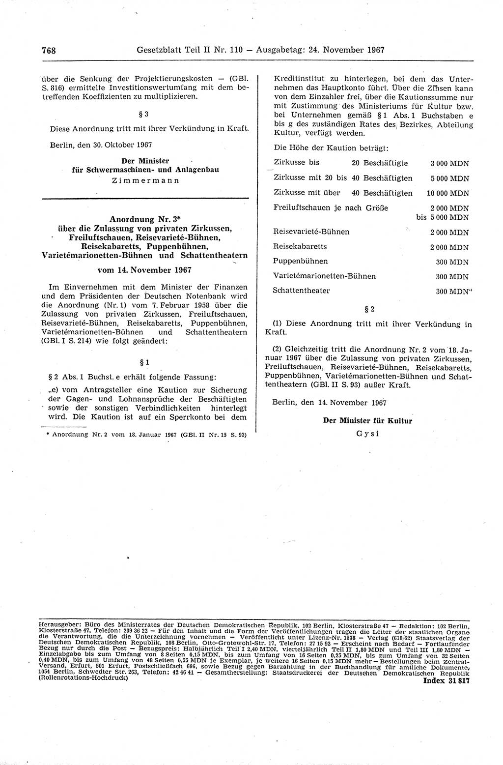Gesetzblatt (GBl.) der Deutschen Demokratischen Republik (DDR) Teil ⅠⅠ 1967, Seite 768 (GBl. DDR ⅠⅠ 1967, S. 768)
