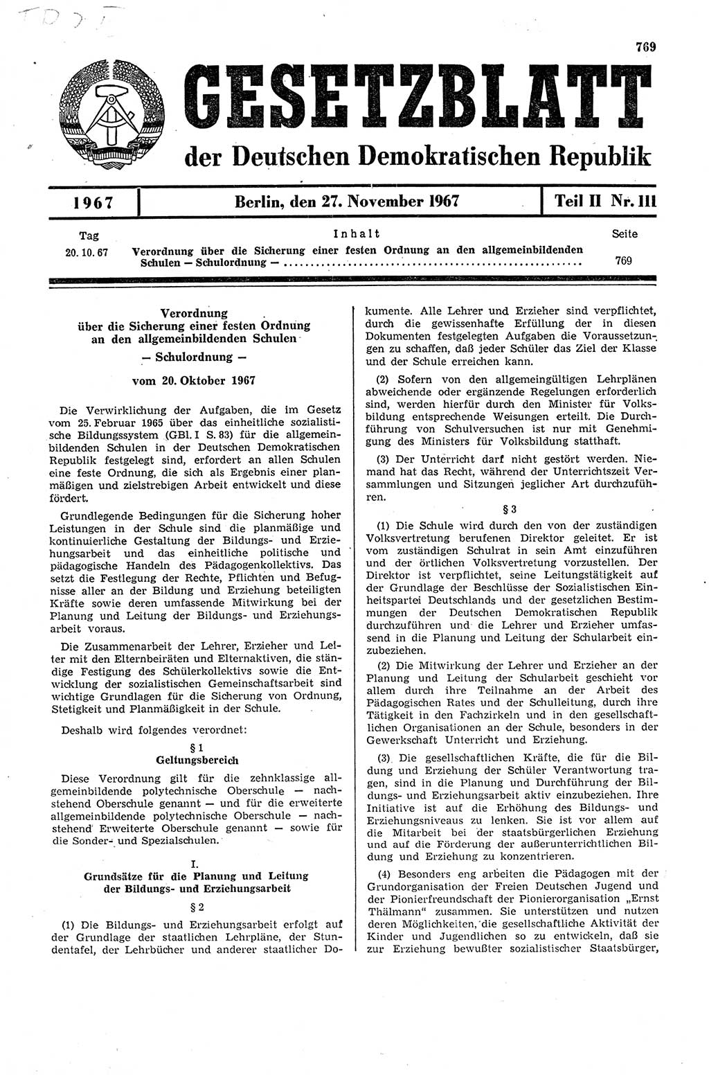 Gesetzblatt (GBl.) der Deutschen Demokratischen Republik (DDR) Teil ⅠⅠ 1967, Seite 769 (GBl. DDR ⅠⅠ 1967, S. 769)