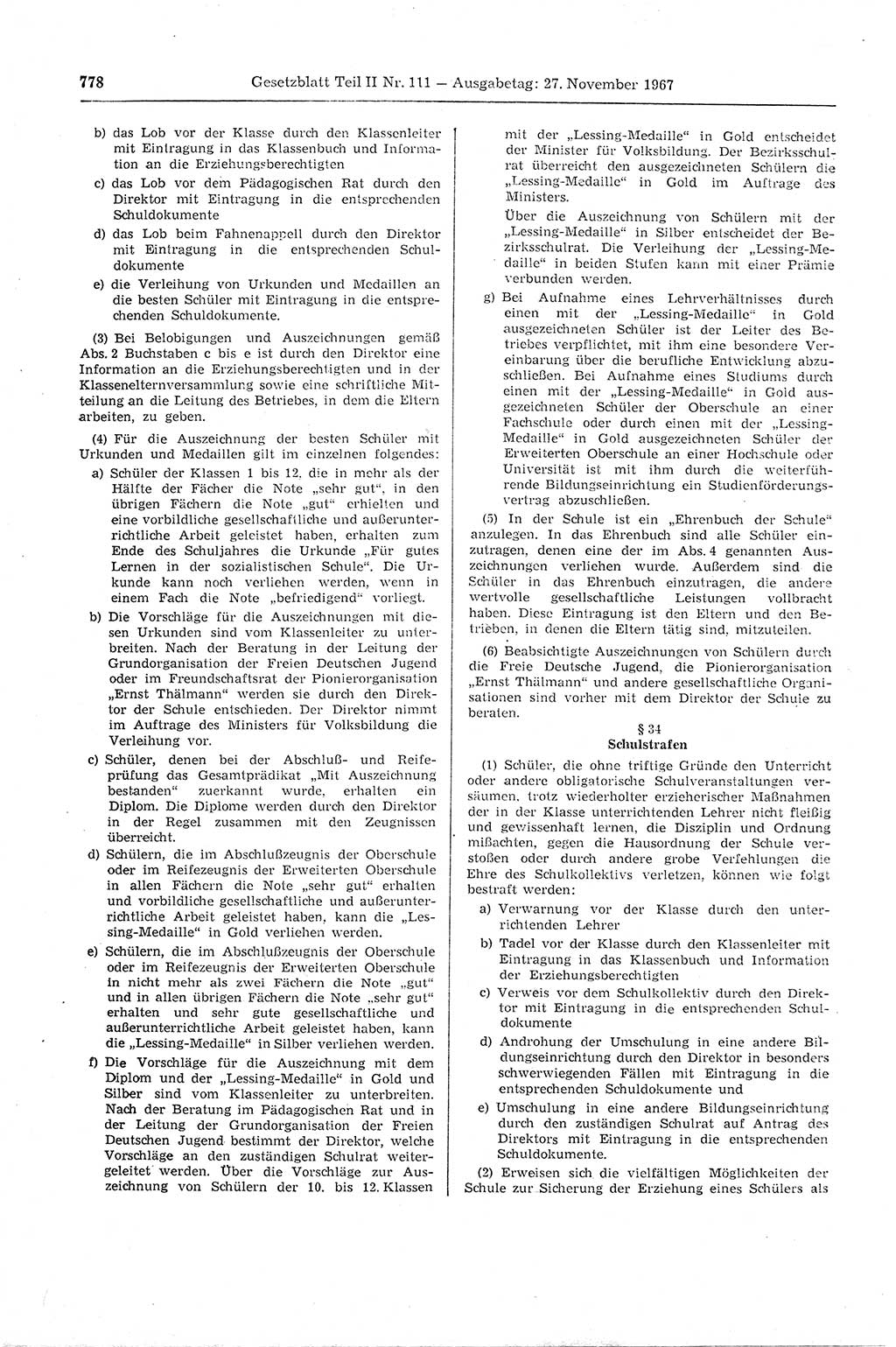 Gesetzblatt (GBl.) der Deutschen Demokratischen Republik (DDR) Teil ⅠⅠ 1967, Seite 778 (GBl. DDR ⅠⅠ 1967, S. 778)