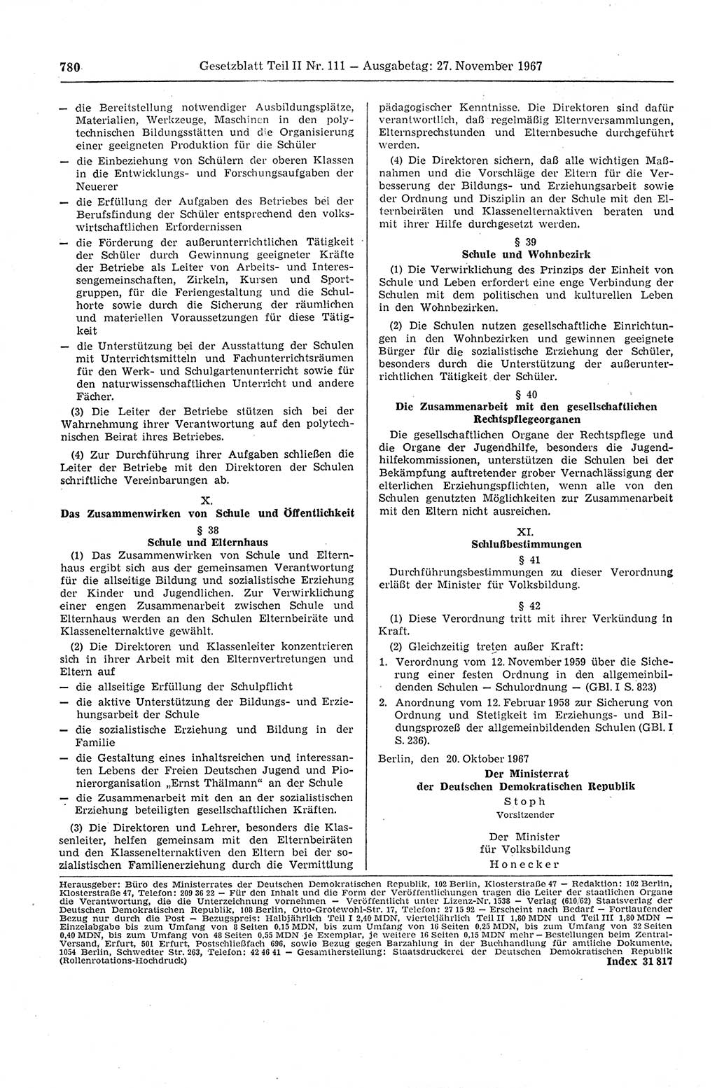 Gesetzblatt (GBl.) der Deutschen Demokratischen Republik (DDR) Teil ⅠⅠ 1967, Seite 780 (GBl. DDR ⅠⅠ 1967, S. 780)
