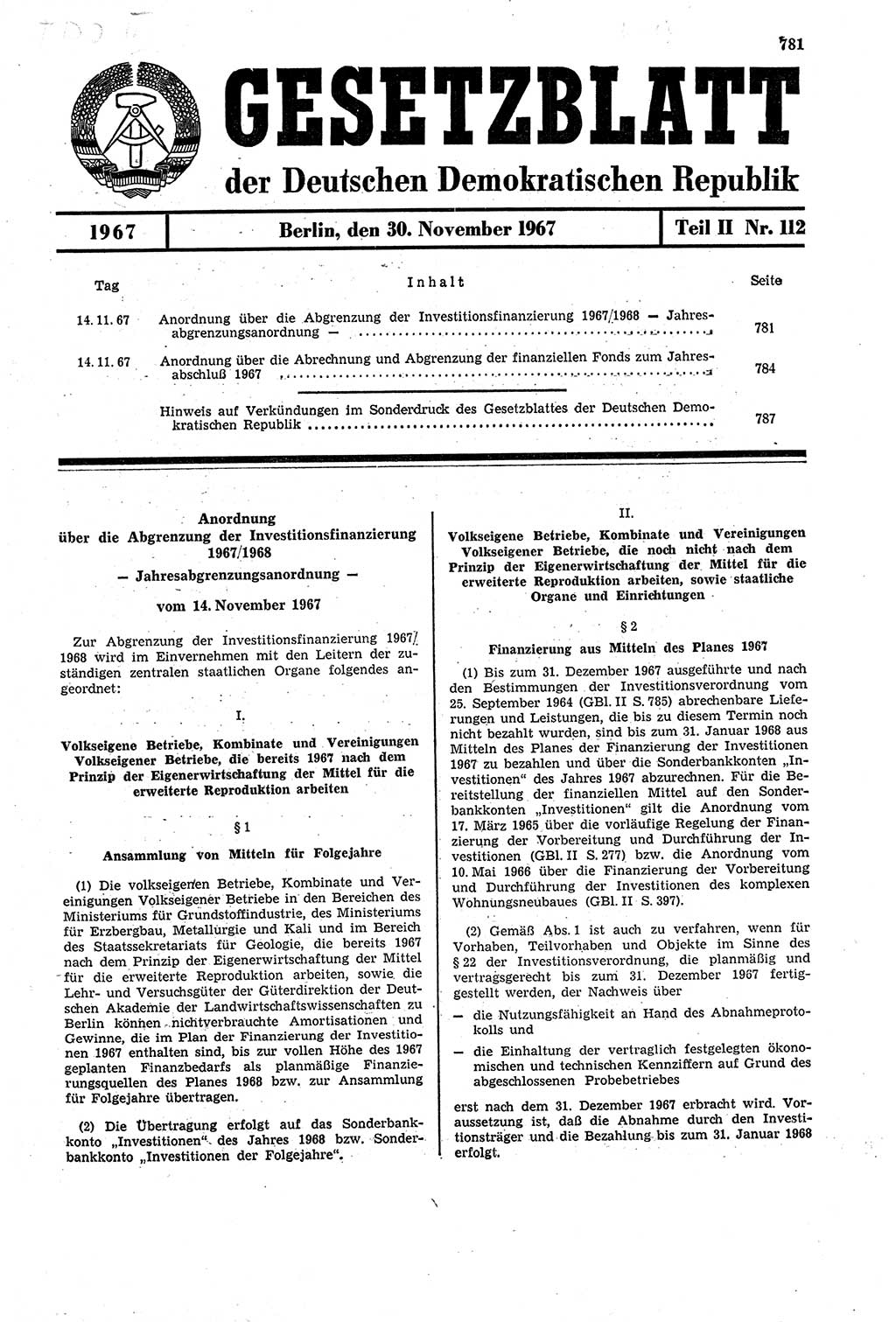 Gesetzblatt (GBl.) der Deutschen Demokratischen Republik (DDR) Teil ⅠⅠ 1967, Seite 781 (GBl. DDR ⅠⅠ 1967, S. 781)