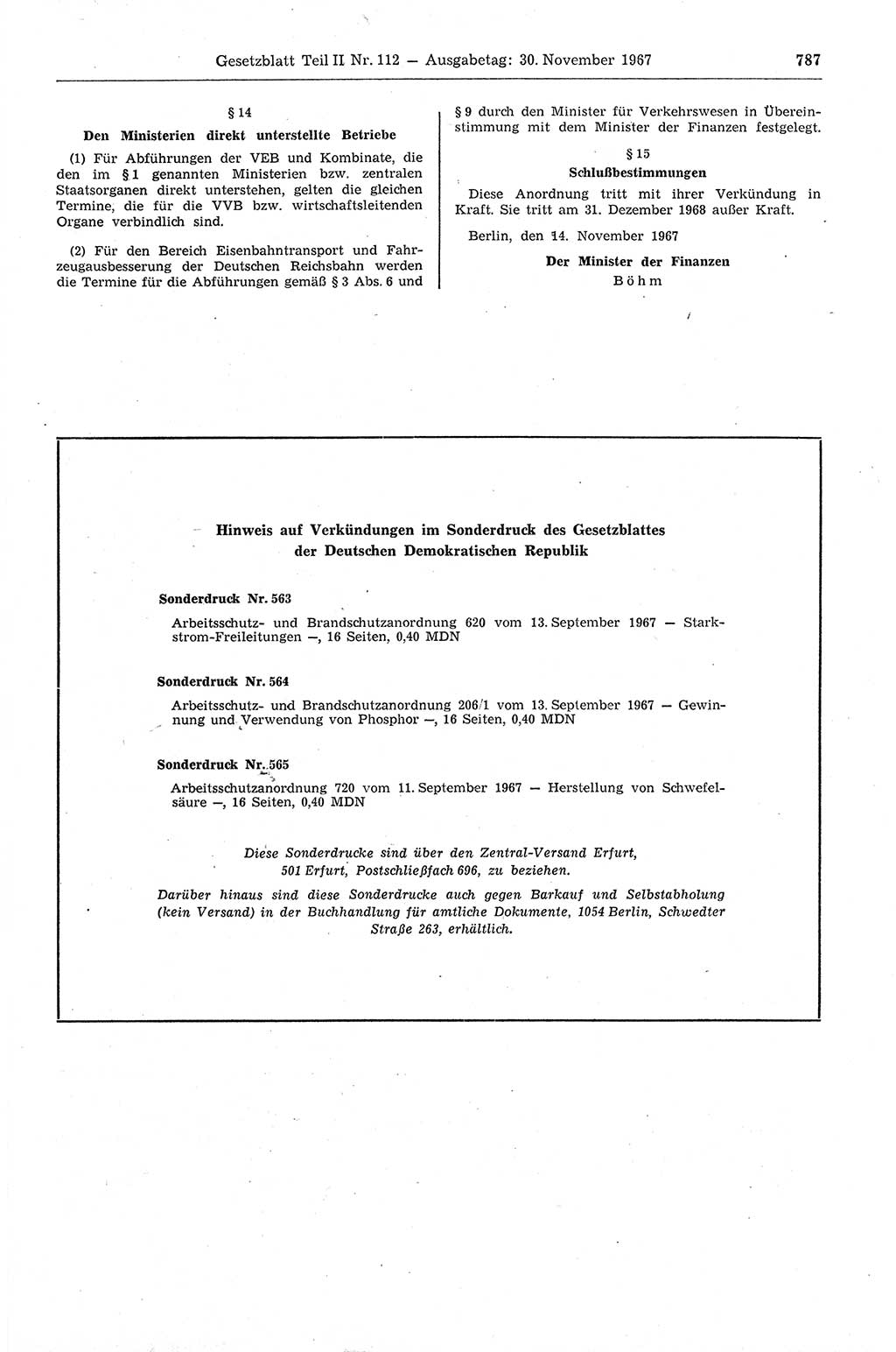 Gesetzblatt (GBl.) der Deutschen Demokratischen Republik (DDR) Teil ⅠⅠ 1967, Seite 787 (GBl. DDR ⅠⅠ 1967, S. 787)