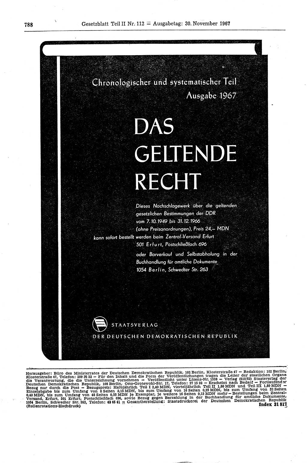Gesetzblatt (GBl.) der Deutschen Demokratischen Republik (DDR) Teil ⅠⅠ 1967, Seite 788 (GBl. DDR ⅠⅠ 1967, S. 788)