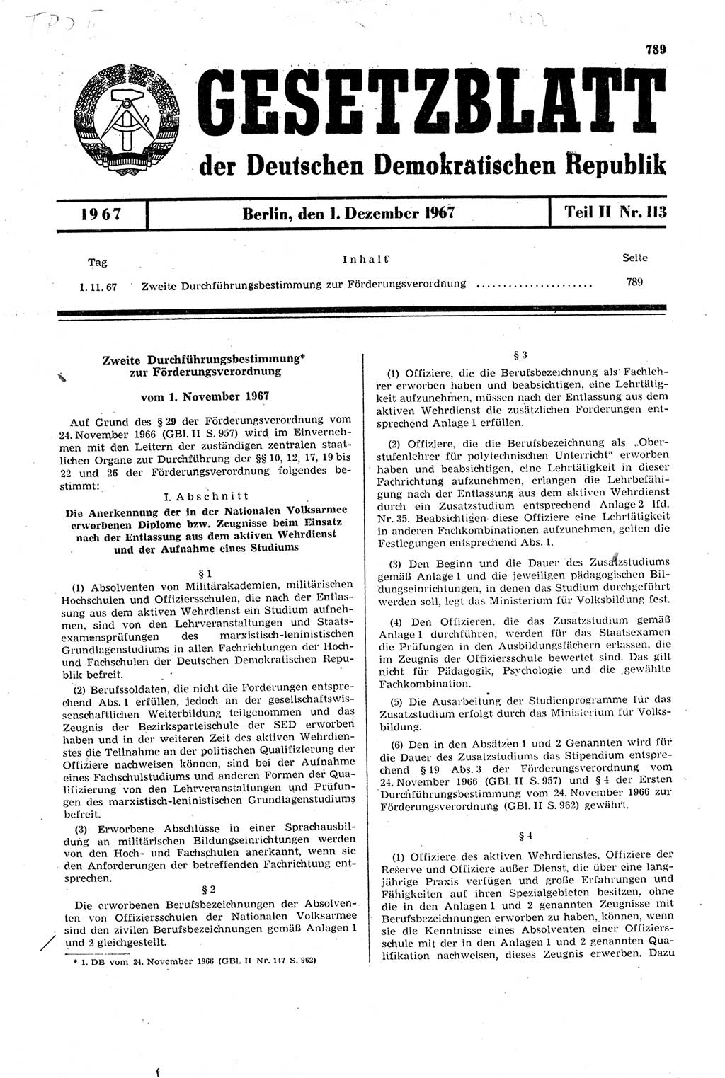 Gesetzblatt (GBl.) der Deutschen Demokratischen Republik (DDR) Teil ⅠⅠ 1967, Seite 789 (GBl. DDR ⅠⅠ 1967, S. 789)