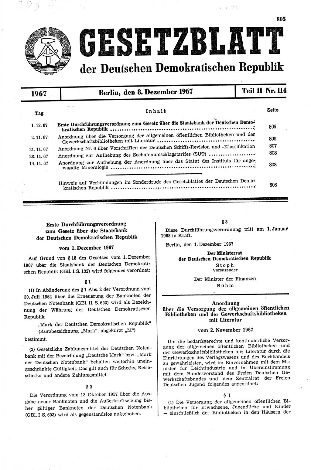 Gesetzblatt (GBl.) der Deutschen Demokratischen Republik (DDR) Teil ⅠⅠ 1967, Seite 805 (GBl. DDR ⅠⅠ 1967, S. 805)
