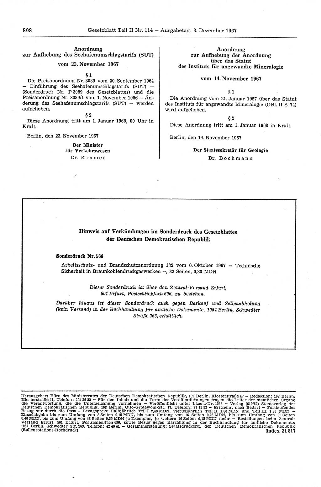 Gesetzblatt (GBl.) der Deutschen Demokratischen Republik (DDR) Teil ⅠⅠ 1967, Seite 808 (GBl. DDR ⅠⅠ 1967, S. 808)