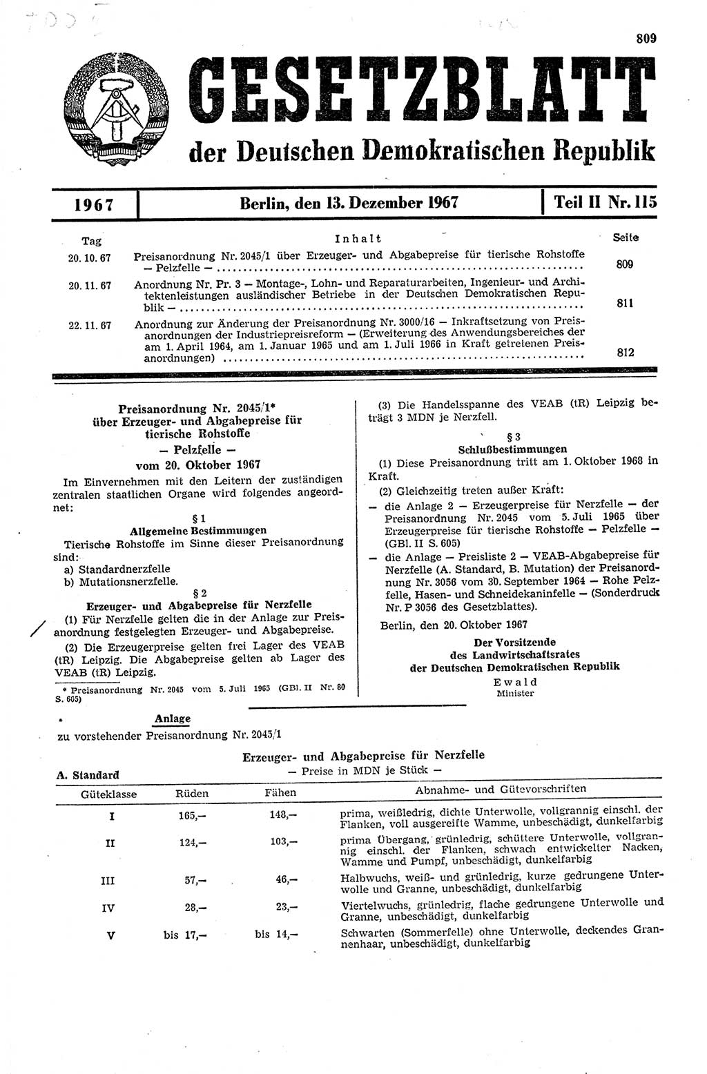 Gesetzblatt (GBl.) der Deutschen Demokratischen Republik (DDR) Teil ⅠⅠ 1967, Seite 809 (GBl. DDR ⅠⅠ 1967, S. 809)