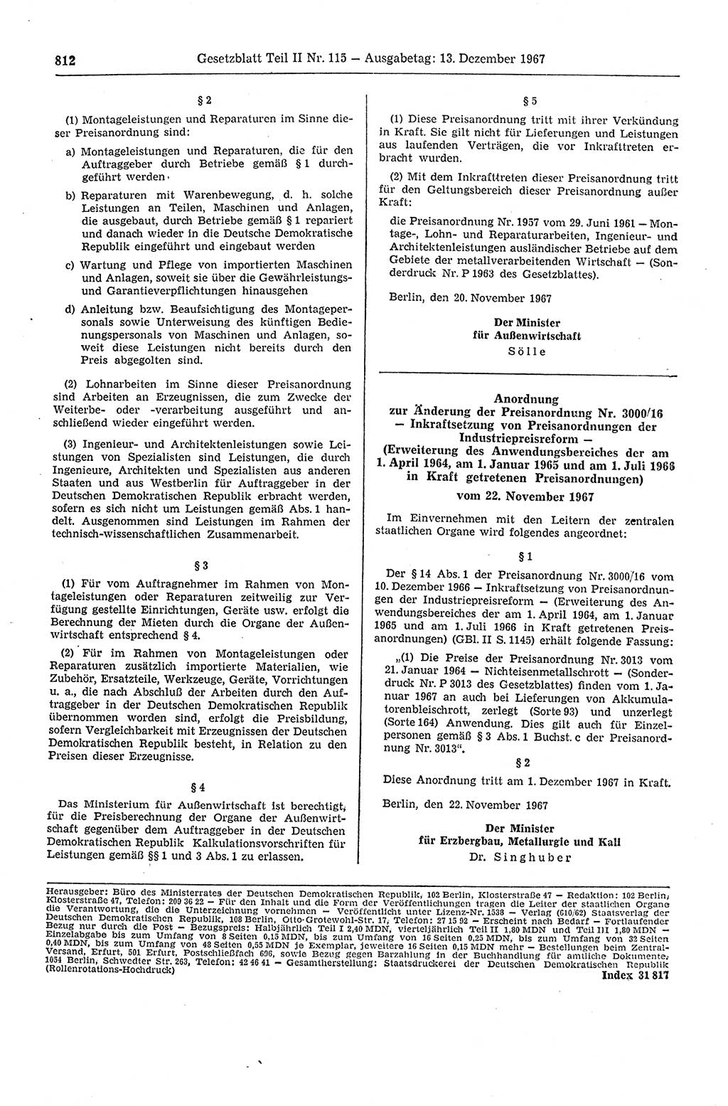 Gesetzblatt (GBl.) der Deutschen Demokratischen Republik (DDR) Teil ⅠⅠ 1967, Seite 812 (GBl. DDR ⅠⅠ 1967, S. 812)