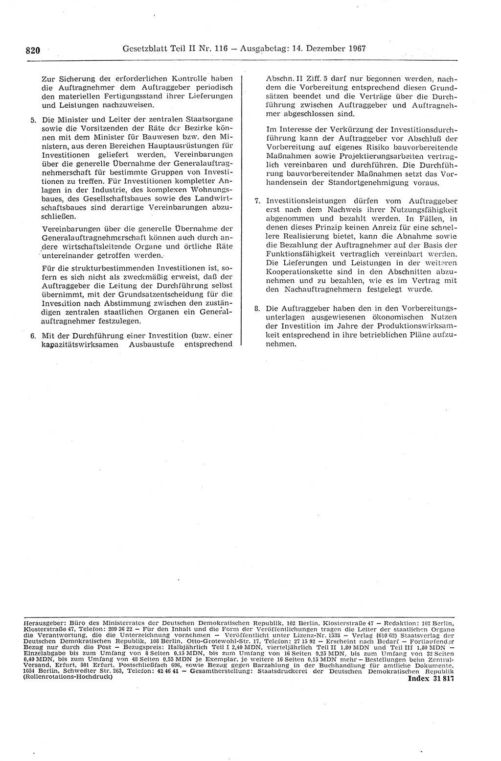 Gesetzblatt (GBl.) der Deutschen Demokratischen Republik (DDR) Teil ⅠⅠ 1967, Seite 820 (GBl. DDR ⅠⅠ 1967, S. 820)