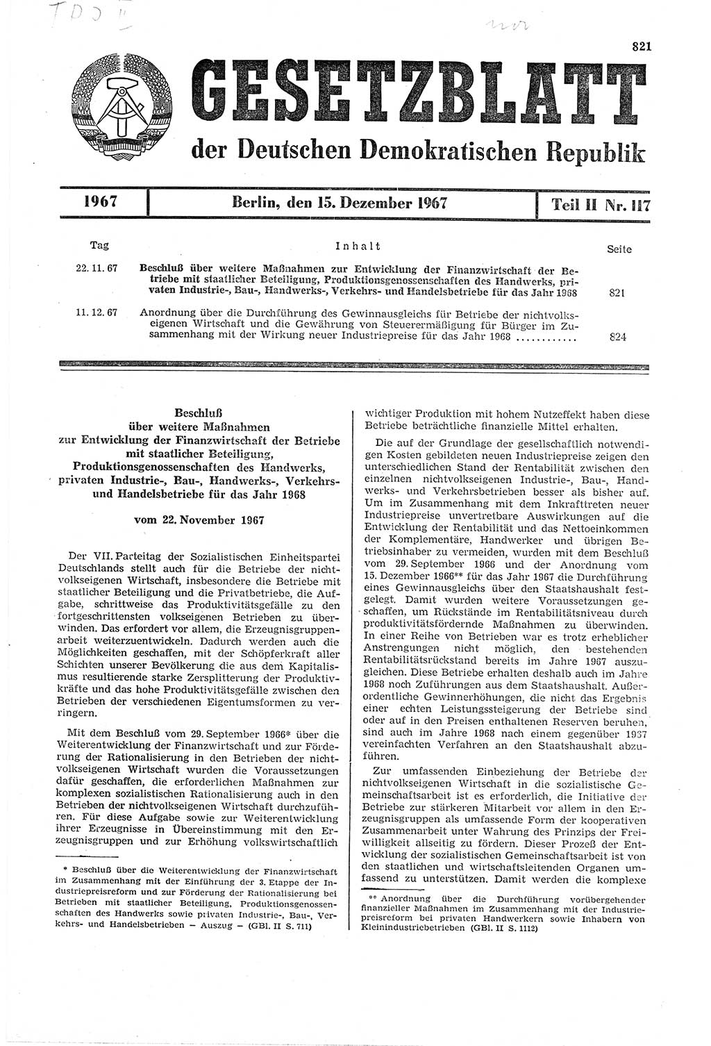 Gesetzblatt (GBl.) der Deutschen Demokratischen Republik (DDR) Teil ⅠⅠ 1967, Seite 821 (GBl. DDR ⅠⅠ 1967, S. 821)