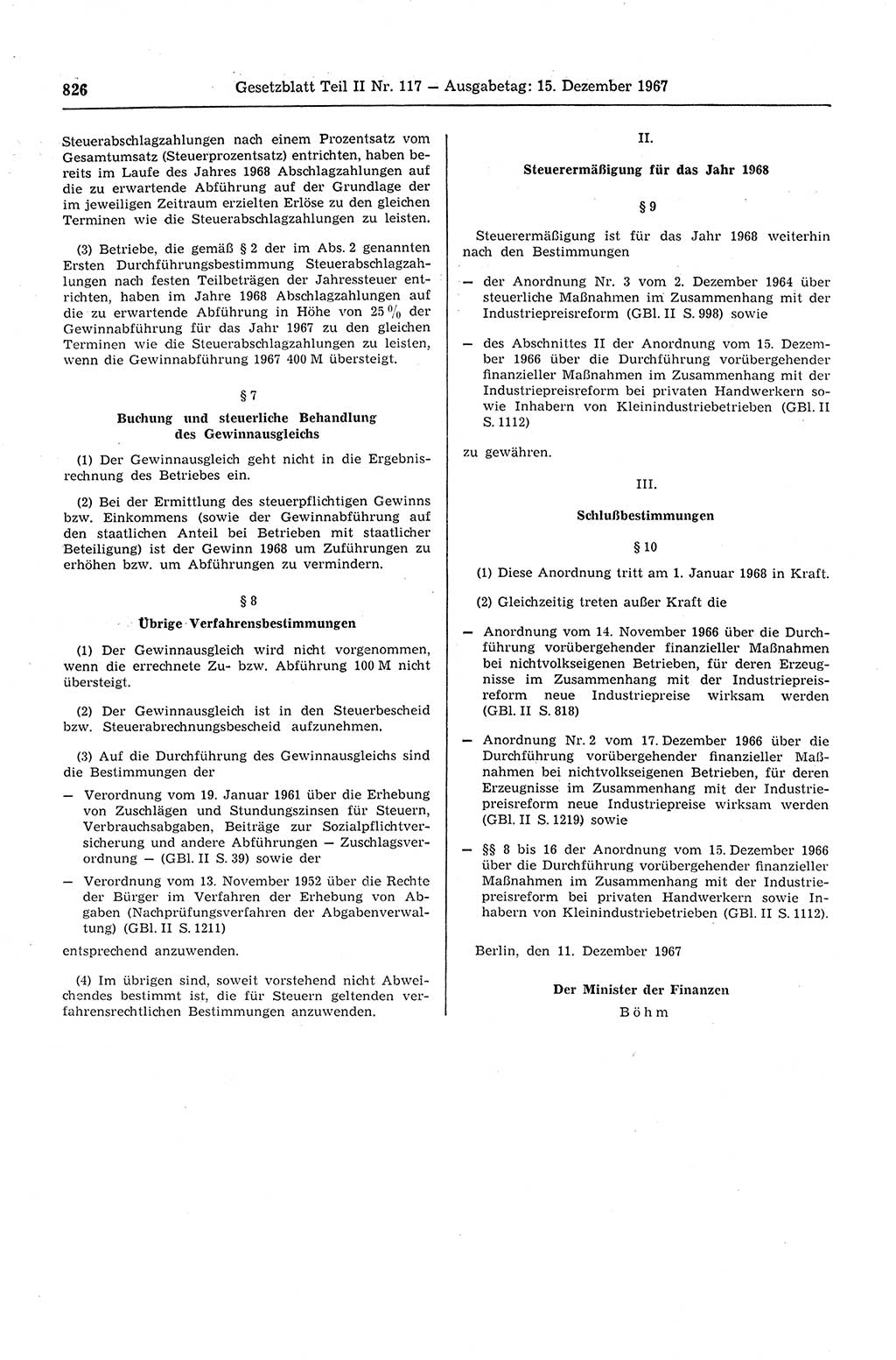 Gesetzblatt (GBl.) der Deutschen Demokratischen Republik (DDR) Teil ⅠⅠ 1967, Seite 826 (GBl. DDR ⅠⅠ 1967, S. 826)