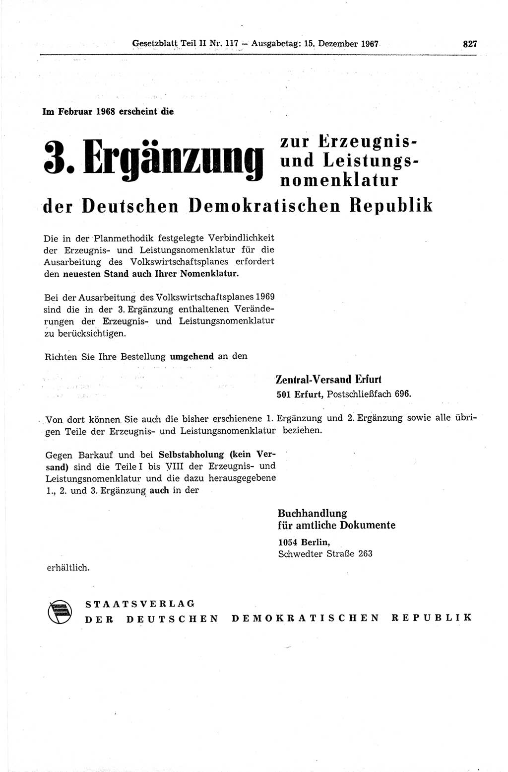 Gesetzblatt (GBl.) der Deutschen Demokratischen Republik (DDR) Teil ⅠⅠ 1967, Seite 827 (GBl. DDR ⅠⅠ 1967, S. 827)