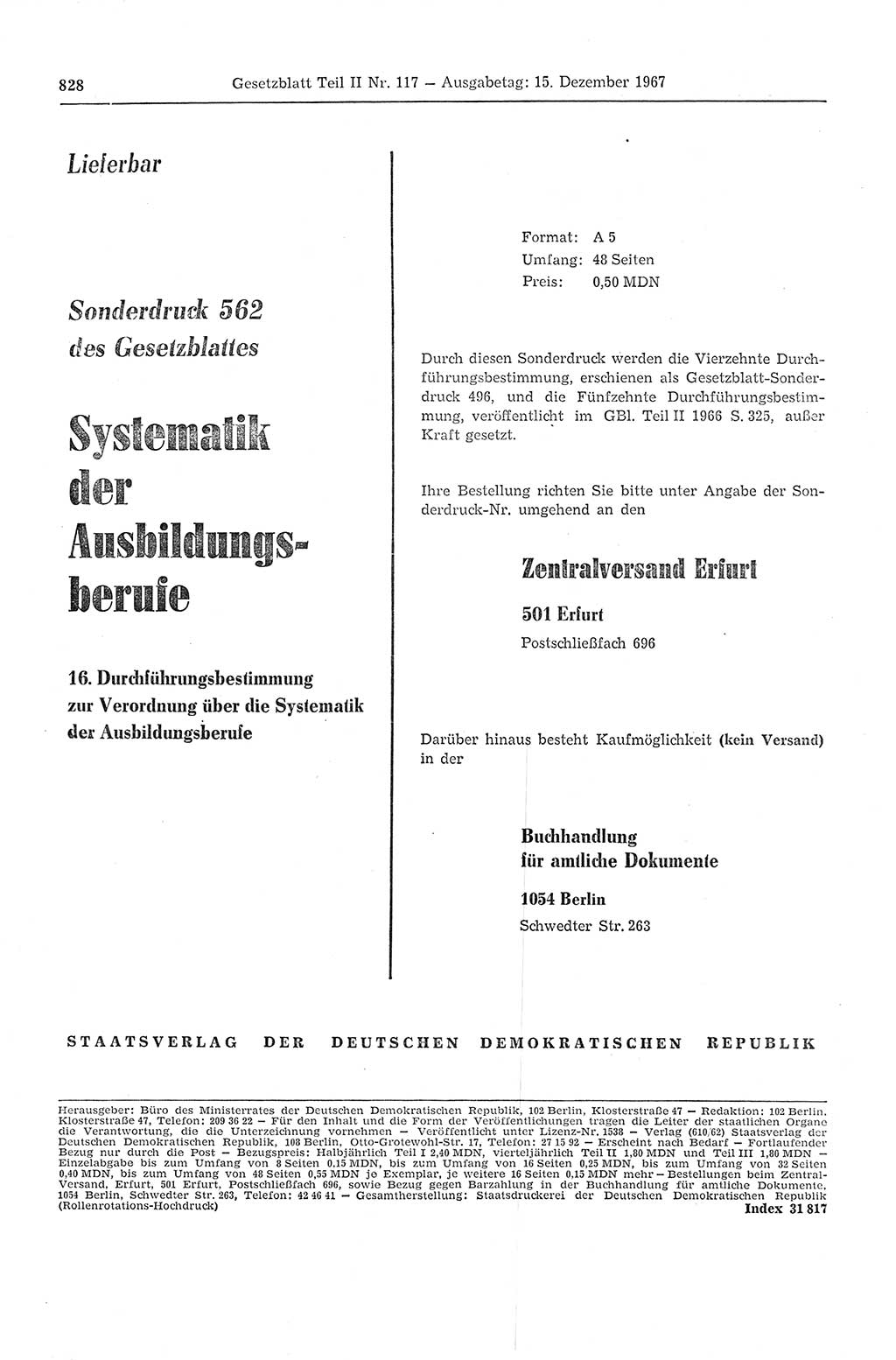Gesetzblatt (GBl.) der Deutschen Demokratischen Republik (DDR) Teil ⅠⅠ 1967, Seite 828 (GBl. DDR ⅠⅠ 1967, S. 828)