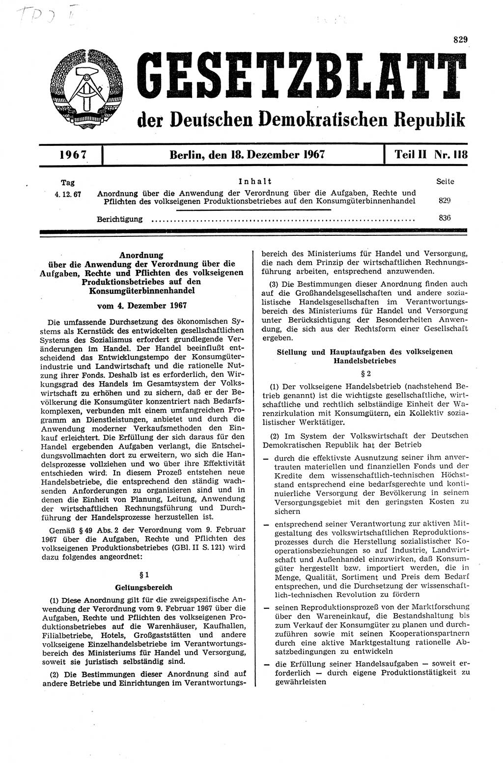 Gesetzblatt (GBl.) der Deutschen Demokratischen Republik (DDR) Teil ⅠⅠ 1967, Seite 829 (GBl. DDR ⅠⅠ 1967, S. 829)