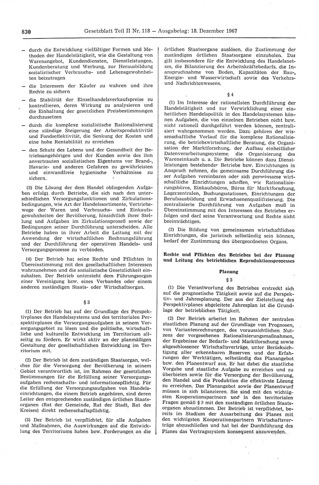 Gesetzblatt (GBl.) der Deutschen Demokratischen Republik (DDR) Teil ⅠⅠ 1967, Seite 830 (GBl. DDR ⅠⅠ 1967, S. 830)