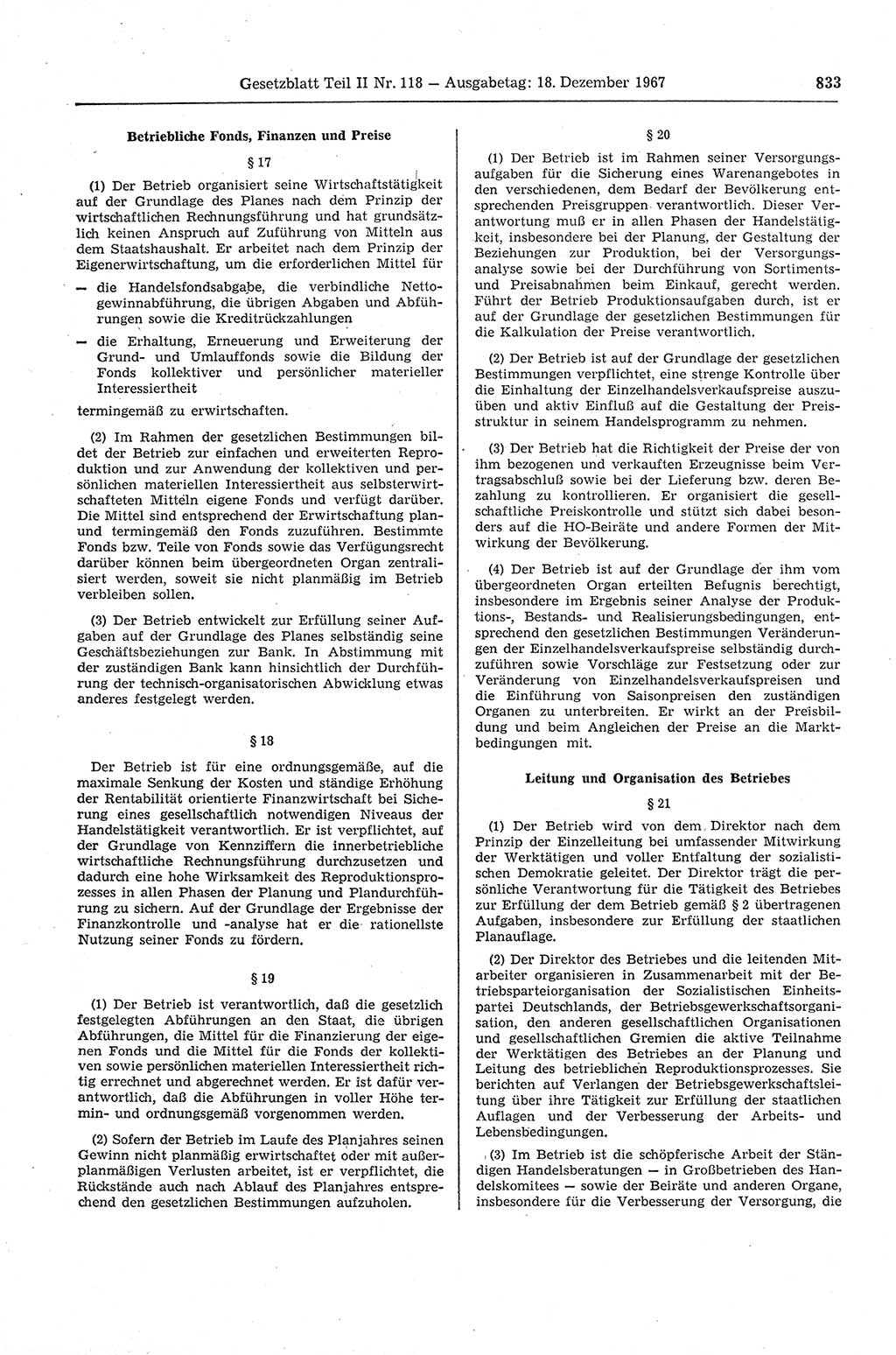 Gesetzblatt (GBl.) der Deutschen Demokratischen Republik (DDR) Teil ⅠⅠ 1967, Seite 833 (GBl. DDR ⅠⅠ 1967, S. 833)