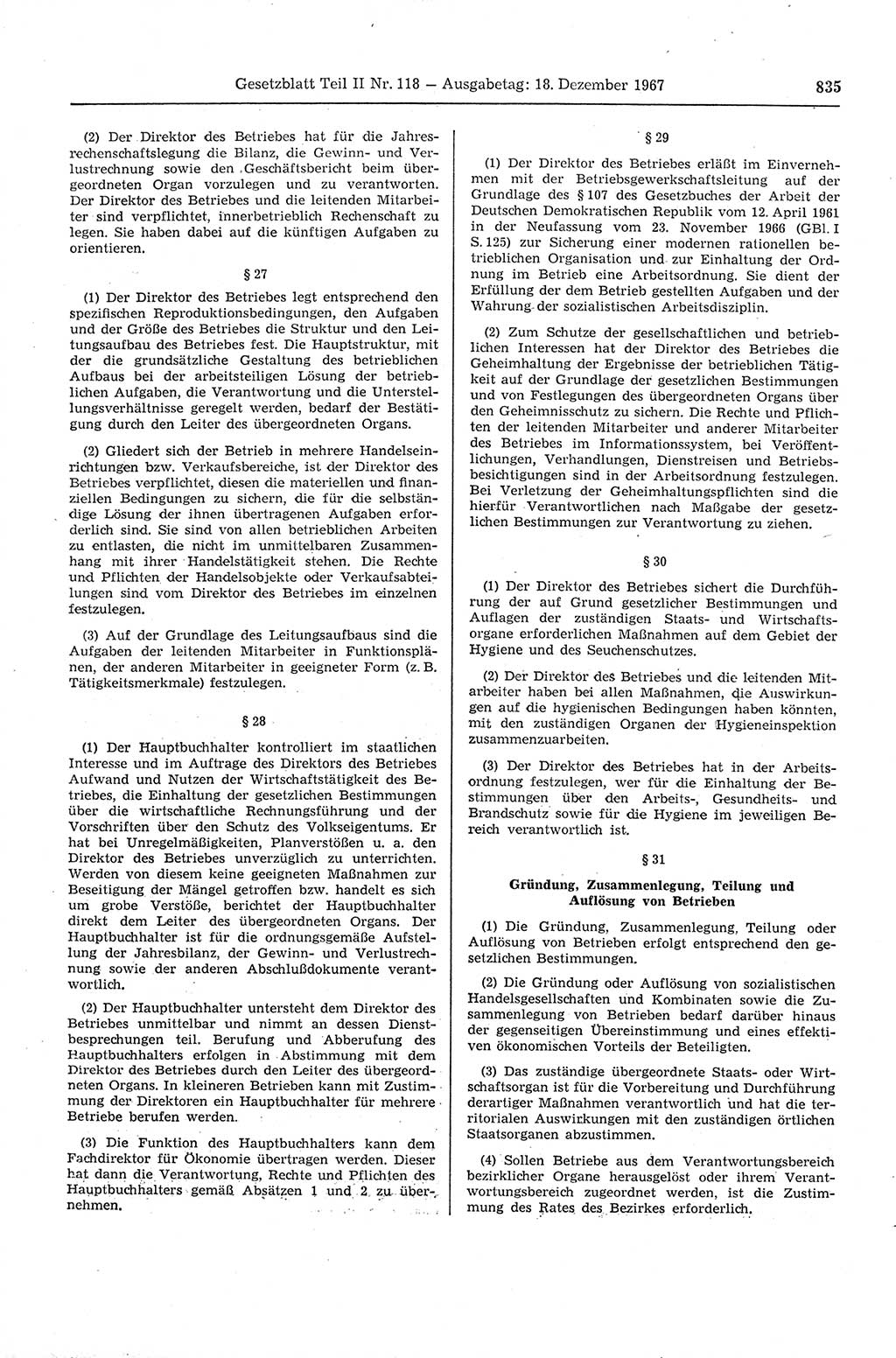 Gesetzblatt (GBl.) der Deutschen Demokratischen Republik (DDR) Teil ⅠⅠ 1967, Seite 835 (GBl. DDR ⅠⅠ 1967, S. 835)
