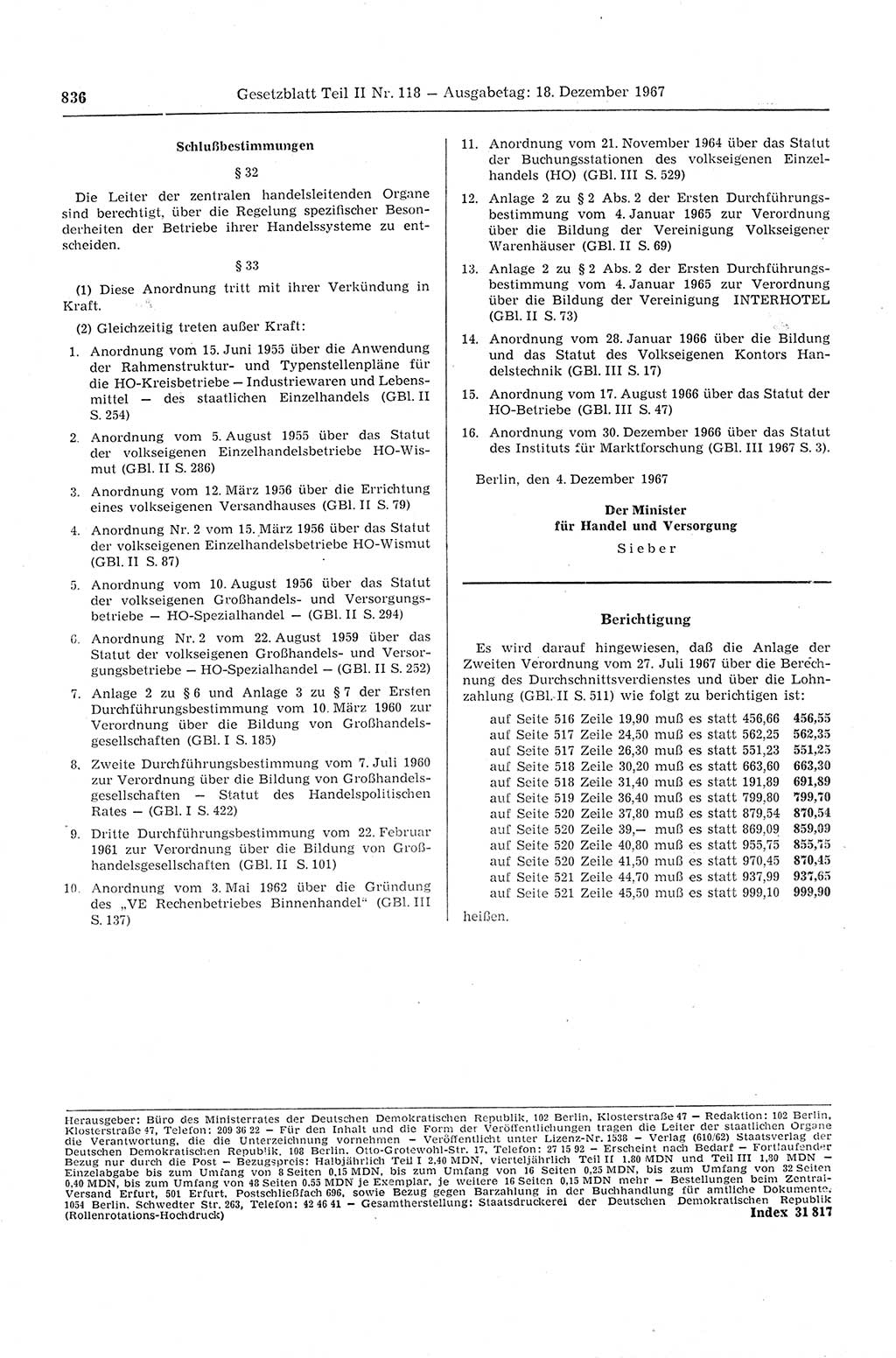 Gesetzblatt (GBl.) der Deutschen Demokratischen Republik (DDR) Teil ⅠⅠ 1967, Seite 836 (GBl. DDR ⅠⅠ 1967, S. 836)