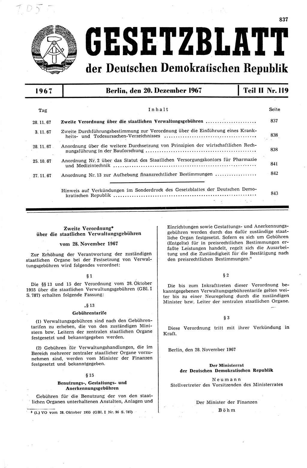 Gesetzblatt (GBl.) der Deutschen Demokratischen Republik (DDR) Teil ⅠⅠ 1967, Seite 837 (GBl. DDR ⅠⅠ 1967, S. 837)