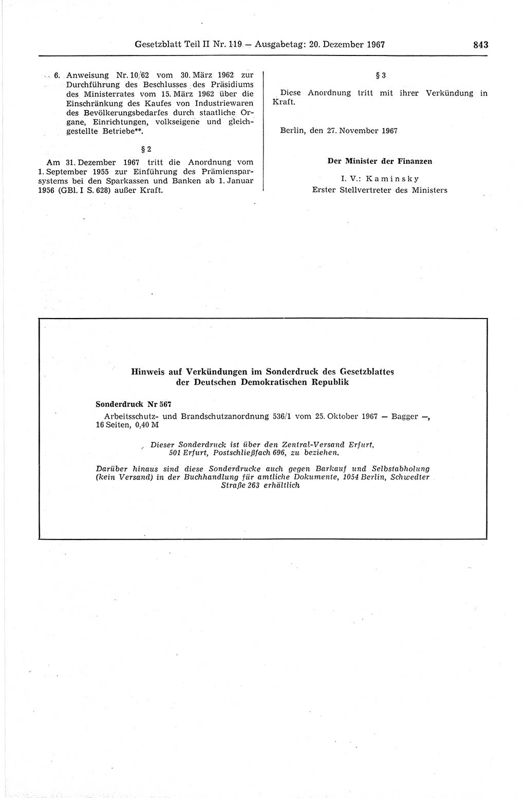 Gesetzblatt (GBl.) der Deutschen Demokratischen Republik (DDR) Teil ⅠⅠ 1967, Seite 843 (GBl. DDR ⅠⅠ 1967, S. 843)