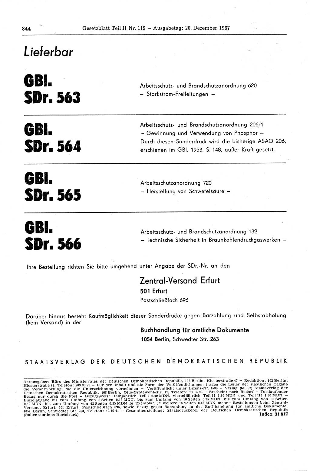 Gesetzblatt (GBl.) der Deutschen Demokratischen Republik (DDR) Teil ⅠⅠ 1967, Seite 844 (GBl. DDR ⅠⅠ 1967, S. 844)