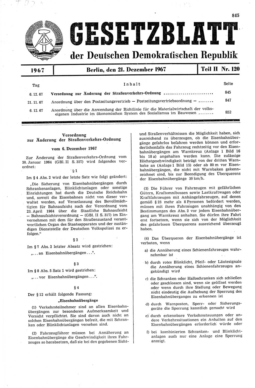 Gesetzblatt (GBl.) der Deutschen Demokratischen Republik (DDR) Teil ⅠⅠ 1967, Seite 845 (GBl. DDR ⅠⅠ 1967, S. 845)