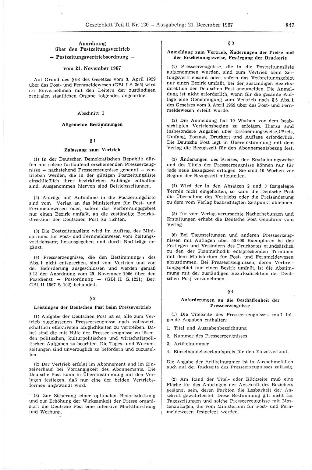 Gesetzblatt (GBl.) der Deutschen Demokratischen Republik (DDR) Teil ⅠⅠ 1967, Seite 847 (GBl. DDR ⅠⅠ 1967, S. 847)