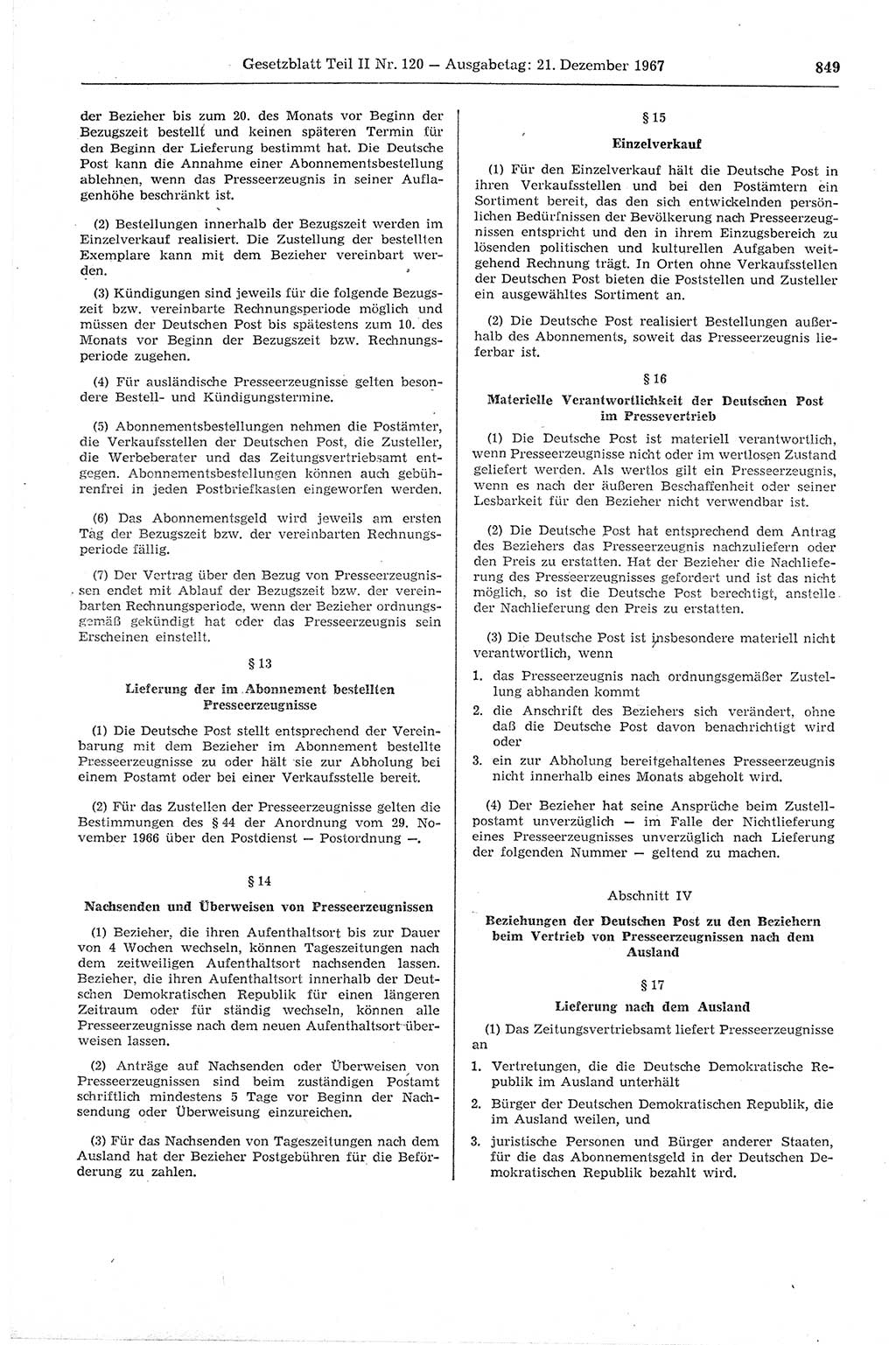 Gesetzblatt (GBl.) der Deutschen Demokratischen Republik (DDR) Teil ⅠⅠ 1967, Seite 849 (GBl. DDR ⅠⅠ 1967, S. 849)