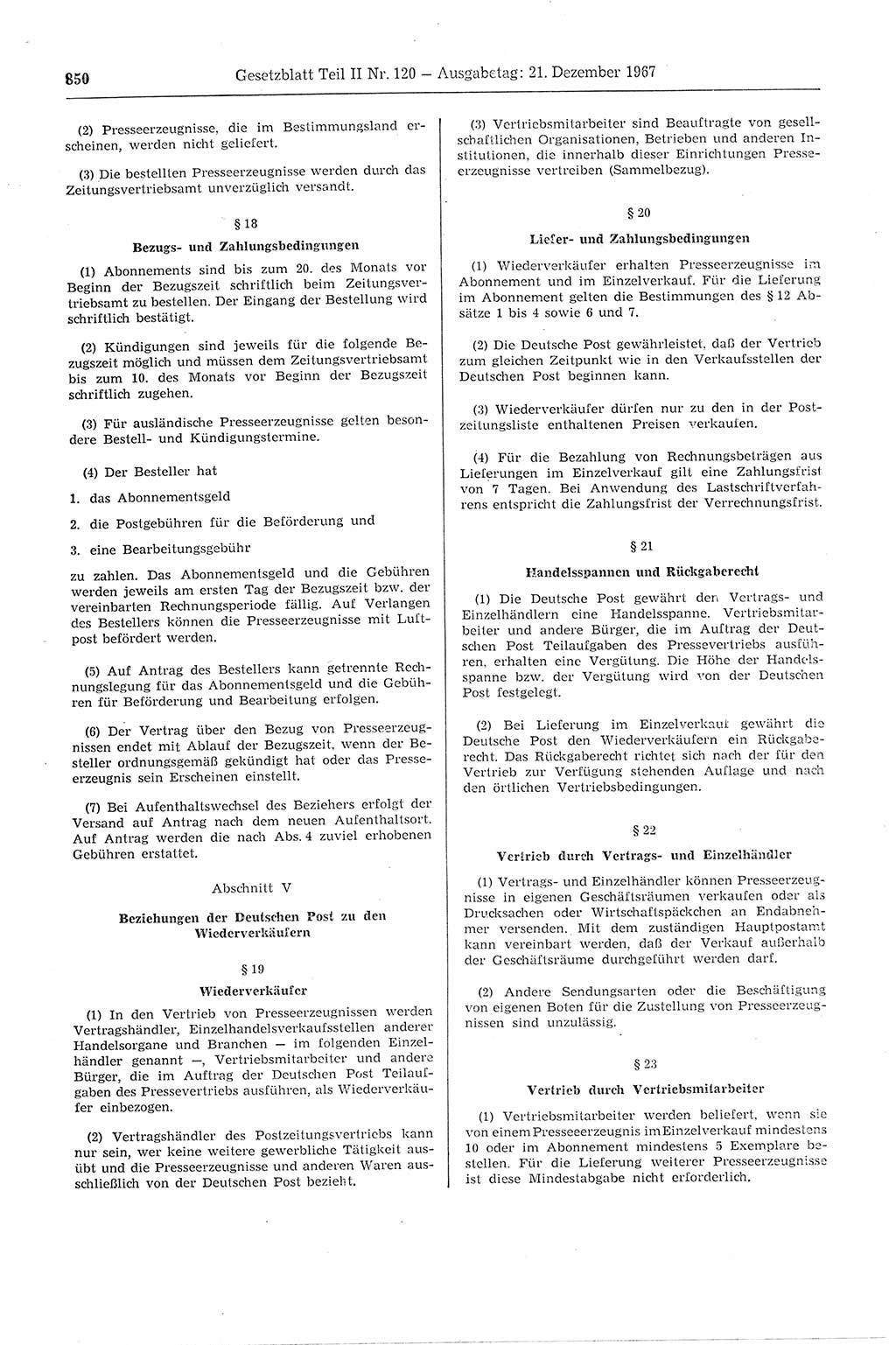 Gesetzblatt (GBl.) der Deutschen Demokratischen Republik (DDR) Teil ⅠⅠ 1967, Seite 850 (GBl. DDR ⅠⅠ 1967, S. 850)