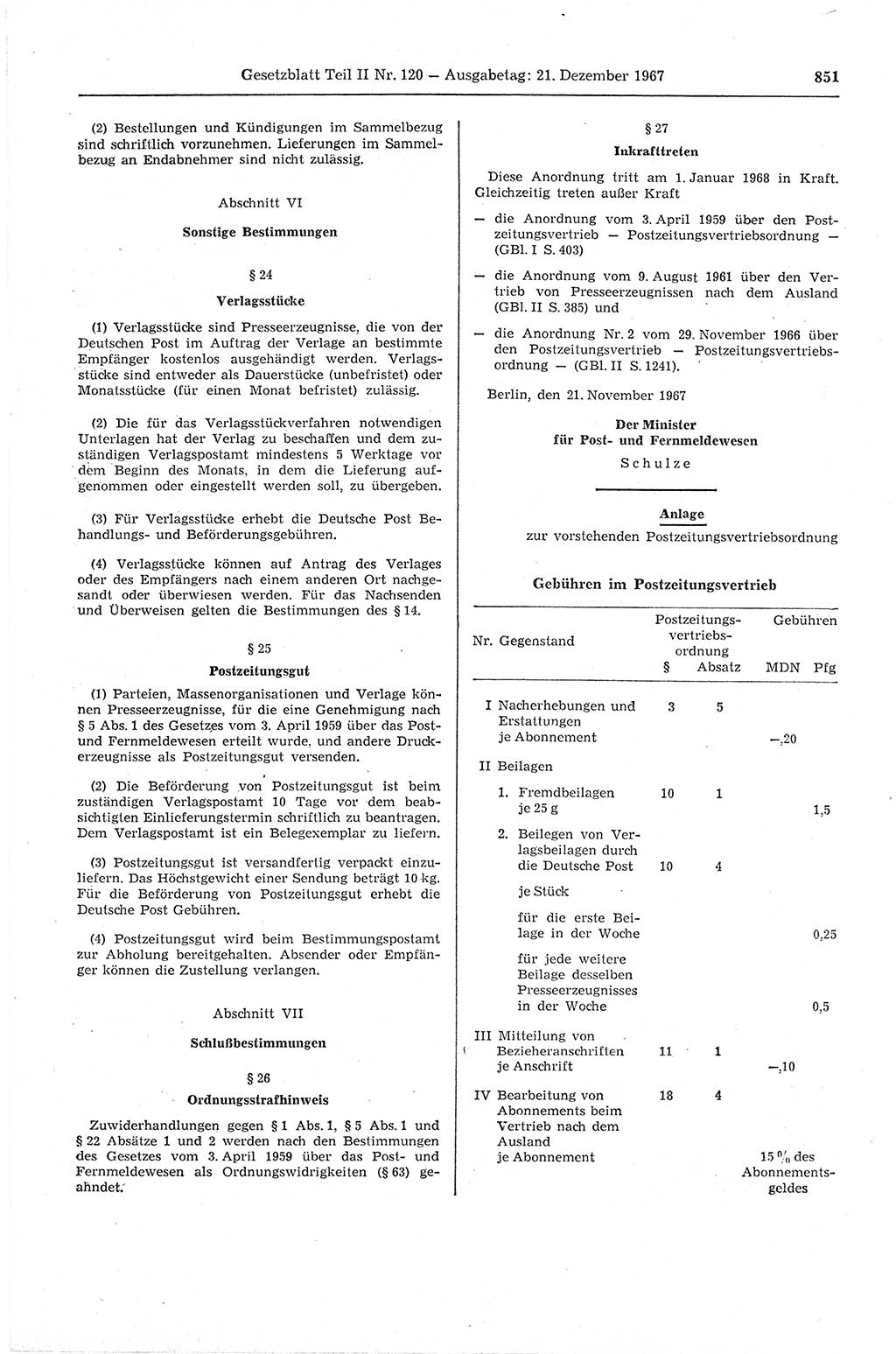Gesetzblatt (GBl.) der Deutschen Demokratischen Republik (DDR) Teil ⅠⅠ 1967, Seite 851 (GBl. DDR ⅠⅠ 1967, S. 851)