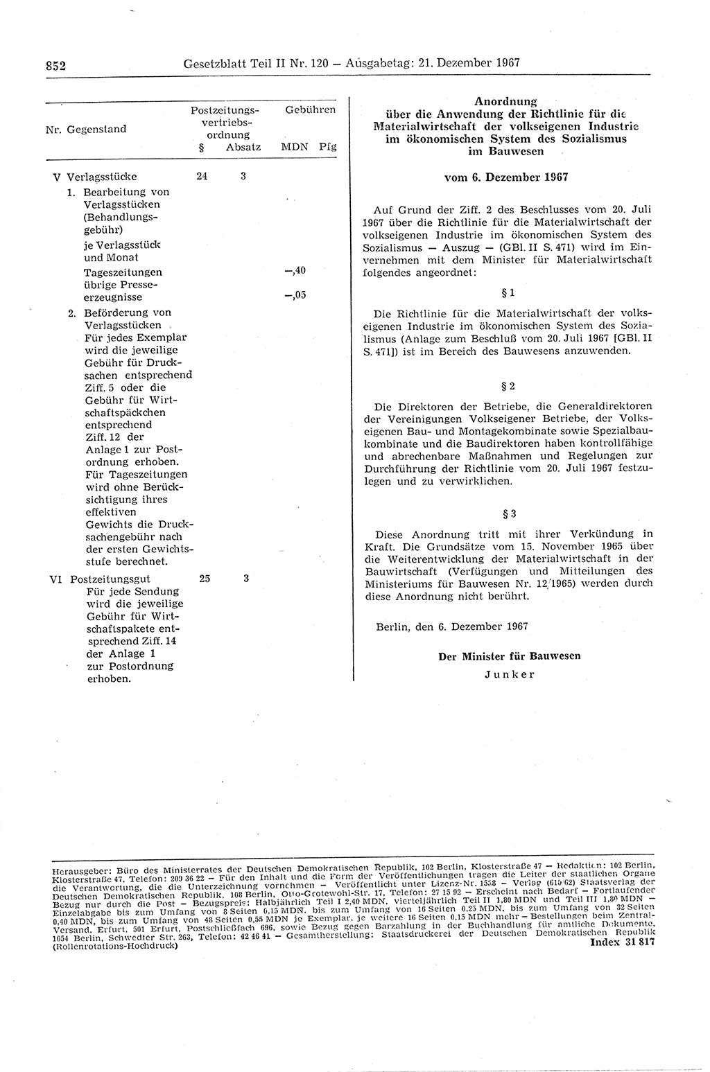 Gesetzblatt (GBl.) der Deutschen Demokratischen Republik (DDR) Teil ⅠⅠ 1967, Seite 852 (GBl. DDR ⅠⅠ 1967, S. 852)