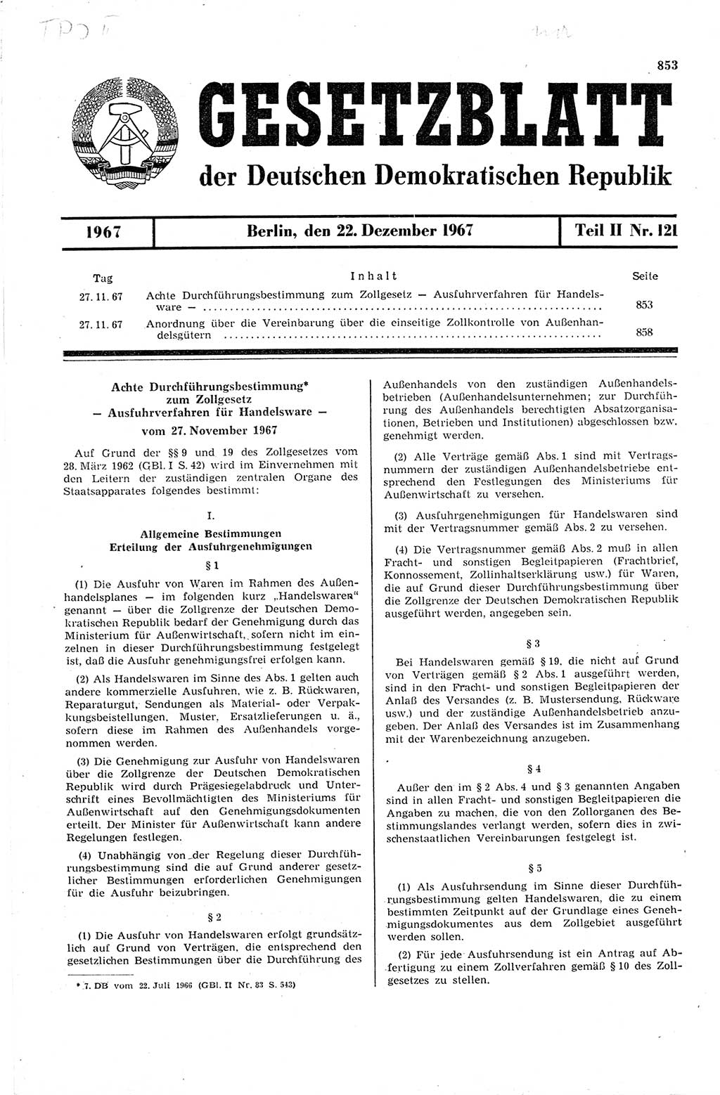 Gesetzblatt (GBl.) der Deutschen Demokratischen Republik (DDR) Teil ⅠⅠ 1967, Seite 853 (GBl. DDR ⅠⅠ 1967, S. 853)