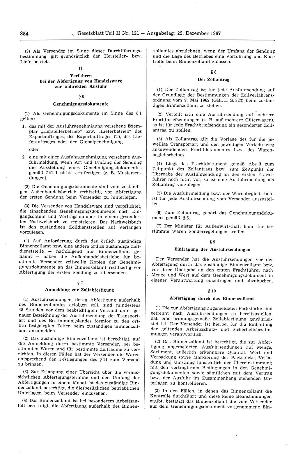 Gesetzblatt (GBl.) der Deutschen Demokratischen Republik (DDR) Teil ⅠⅠ 1967, Seite 854 (GBl. DDR ⅠⅠ 1967, S. 854)