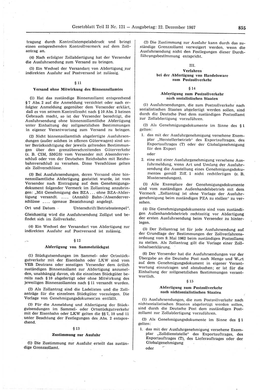 Gesetzblatt (GBl.) der Deutschen Demokratischen Republik (DDR) Teil ⅠⅠ 1967, Seite 855 (GBl. DDR ⅠⅠ 1967, S. 855)