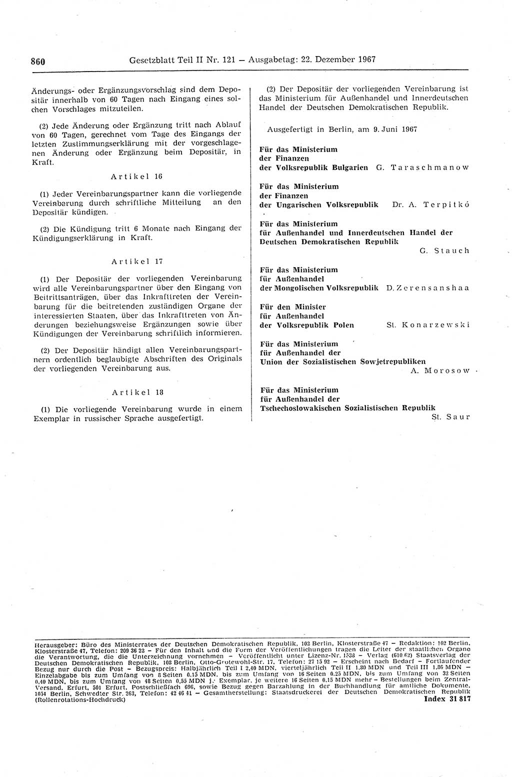 Gesetzblatt (GBl.) der Deutschen Demokratischen Republik (DDR) Teil ⅠⅠ 1967, Seite 860 (GBl. DDR ⅠⅠ 1967, S. 860)
