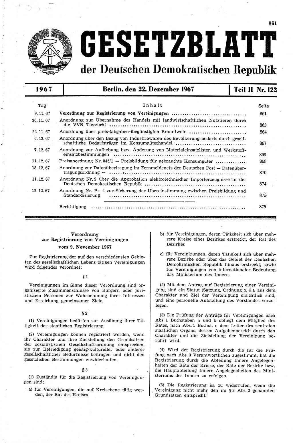 Gesetzblatt (GBl.) der Deutschen Demokratischen Republik (DDR) Teil ⅠⅠ 1967, Seite 861 (GBl. DDR ⅠⅠ 1967, S. 861)