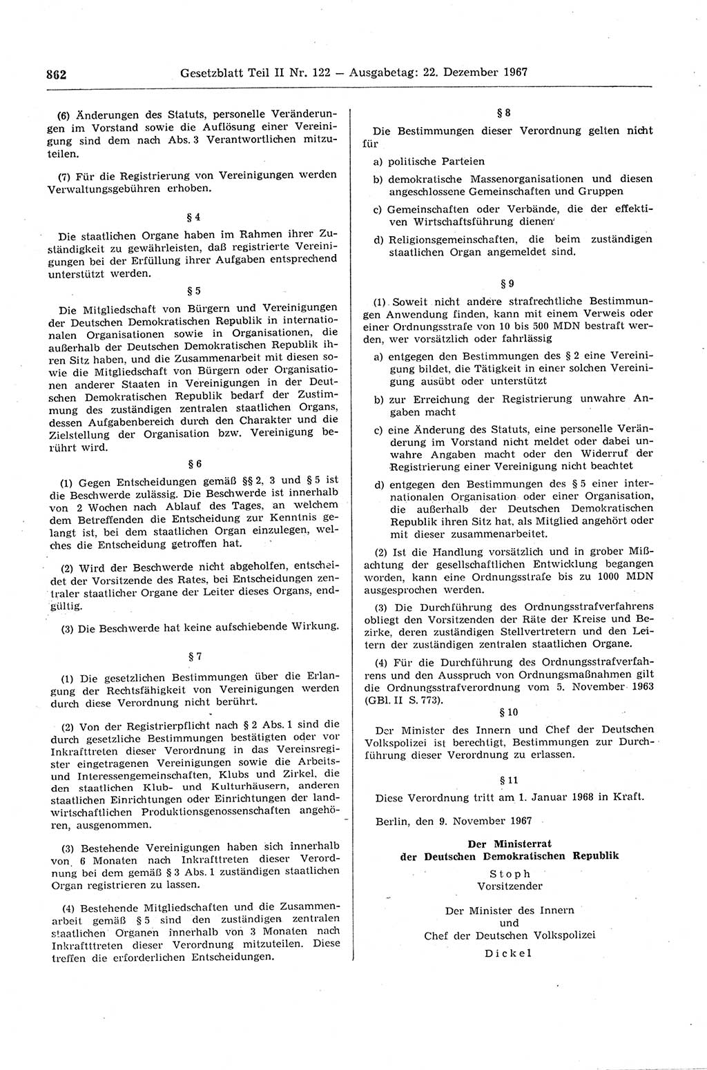 Gesetzblatt (GBl.) der Deutschen Demokratischen Republik (DDR) Teil ⅠⅠ 1967, Seite 862 (GBl. DDR ⅠⅠ 1967, S. 862)