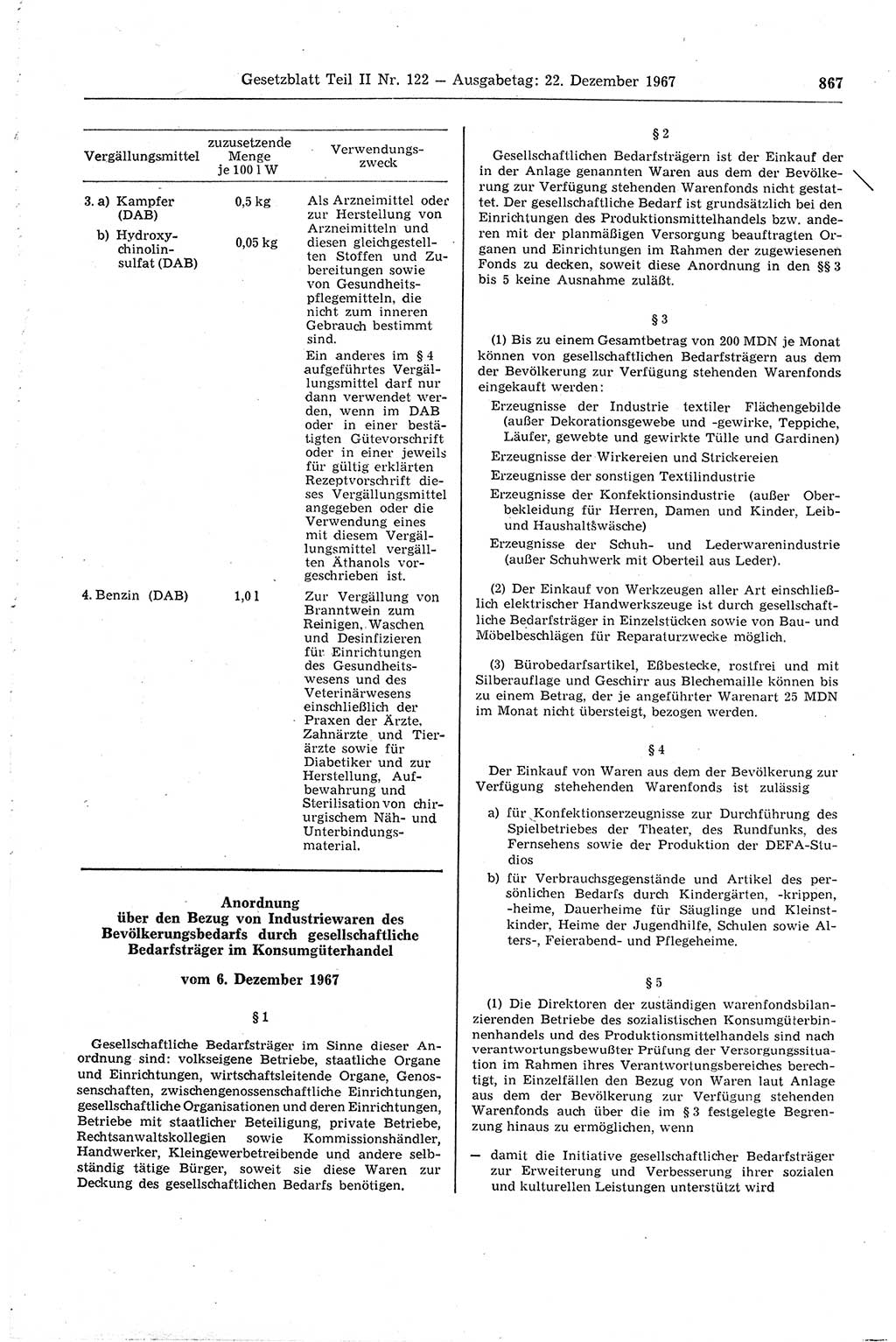 Gesetzblatt (GBl.) der Deutschen Demokratischen Republik (DDR) Teil ⅠⅠ 1967, Seite 867 (GBl. DDR ⅠⅠ 1967, S. 867)