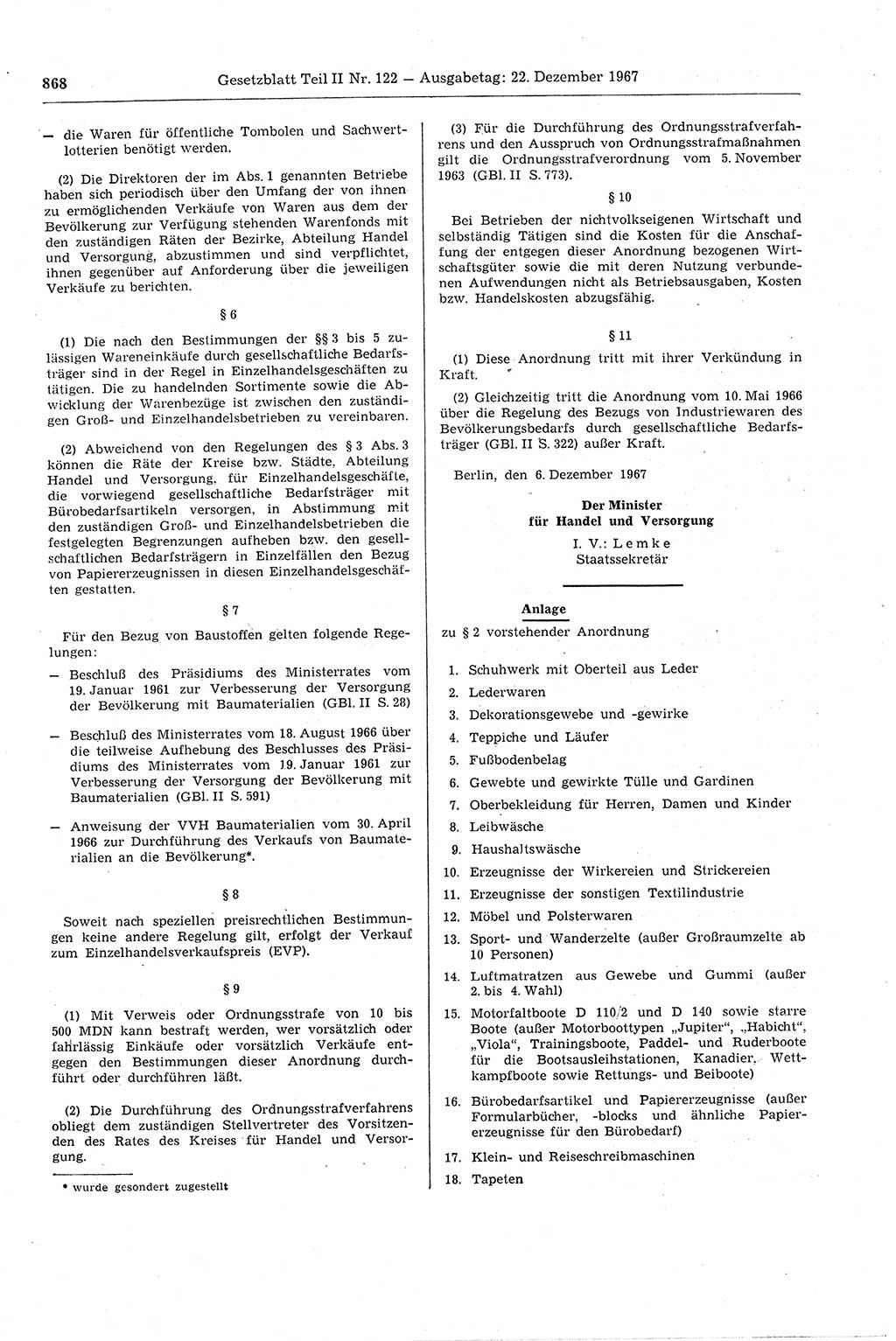 Gesetzblatt (GBl.) der Deutschen Demokratischen Republik (DDR) Teil ⅠⅠ 1967, Seite 868 (GBl. DDR ⅠⅠ 1967, S. 868)