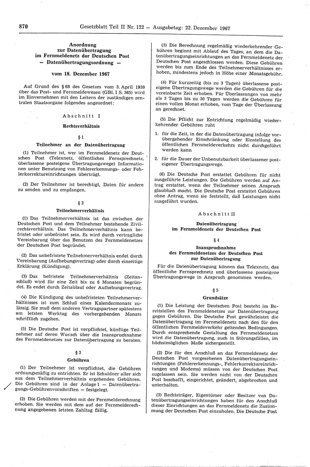 Gesetzblatt (GBl.) der Deutschen Demokratischen Republik (DDR) Teil ⅠⅠ 1967, Seite 870 (GBl. DDR ⅠⅠ 1967, S. 870)