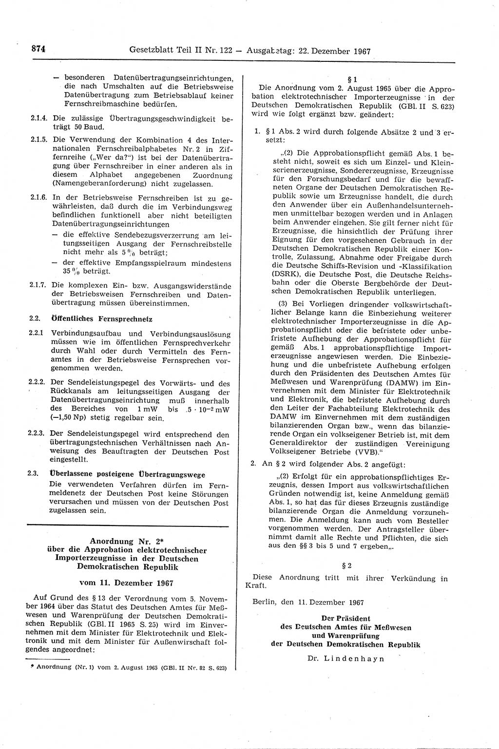 Gesetzblatt (GBl.) der Deutschen Demokratischen Republik (DDR) Teil ⅠⅠ 1967, Seite 874 (GBl. DDR ⅠⅠ 1967, S. 874)