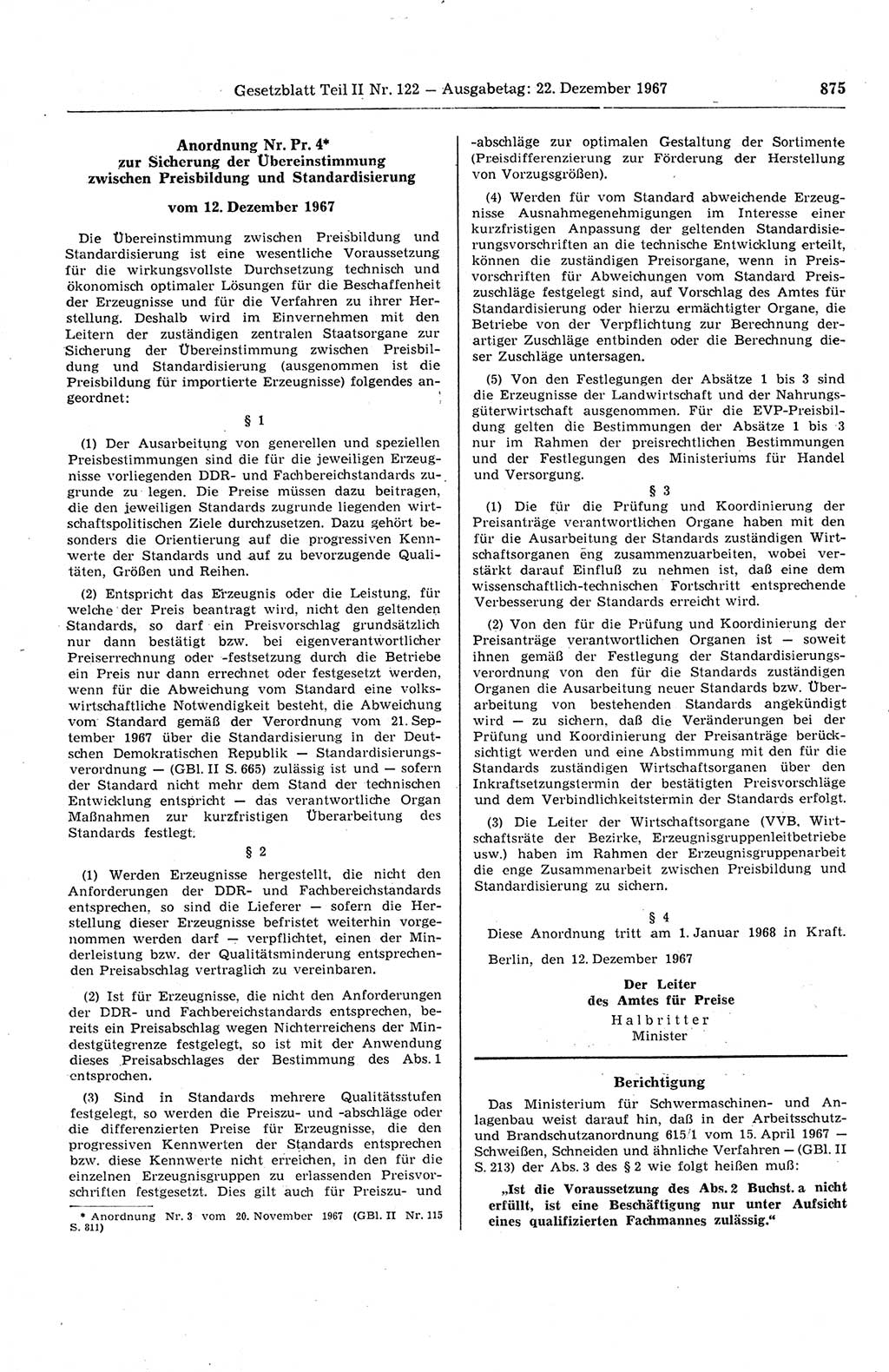Gesetzblatt (GBl.) der Deutschen Demokratischen Republik (DDR) Teil ⅠⅠ 1967, Seite 875 (GBl. DDR ⅠⅠ 1967, S. 875)