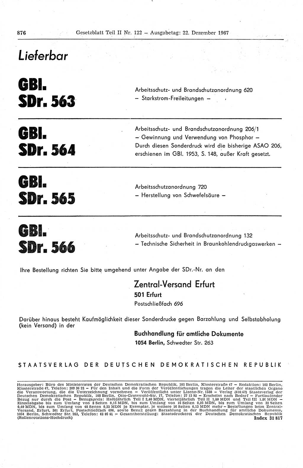 Gesetzblatt (GBl.) der Deutschen Demokratischen Republik (DDR) Teil ⅠⅠ 1967, Seite 876 (GBl. DDR ⅠⅠ 1967, S. 876)